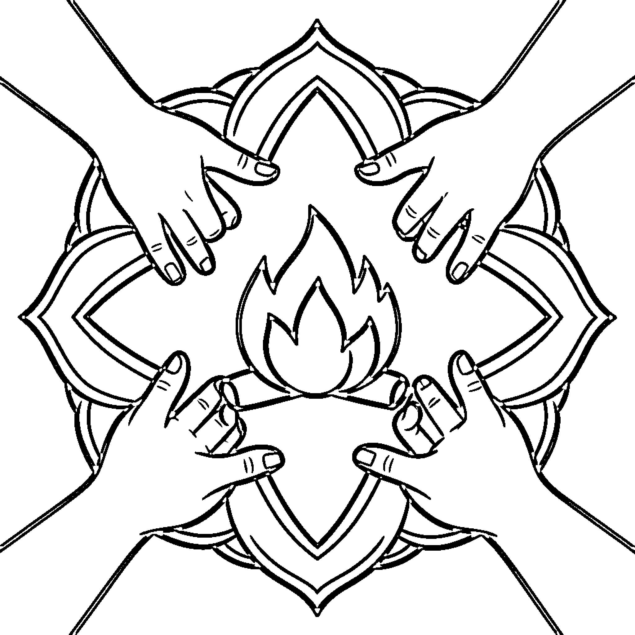 Mandala of connected hands around a fire Coloring Page (free black-and-white line drawing printable PDF for all, from beginners to advanced learners, including children, teens, adults, and seniors)