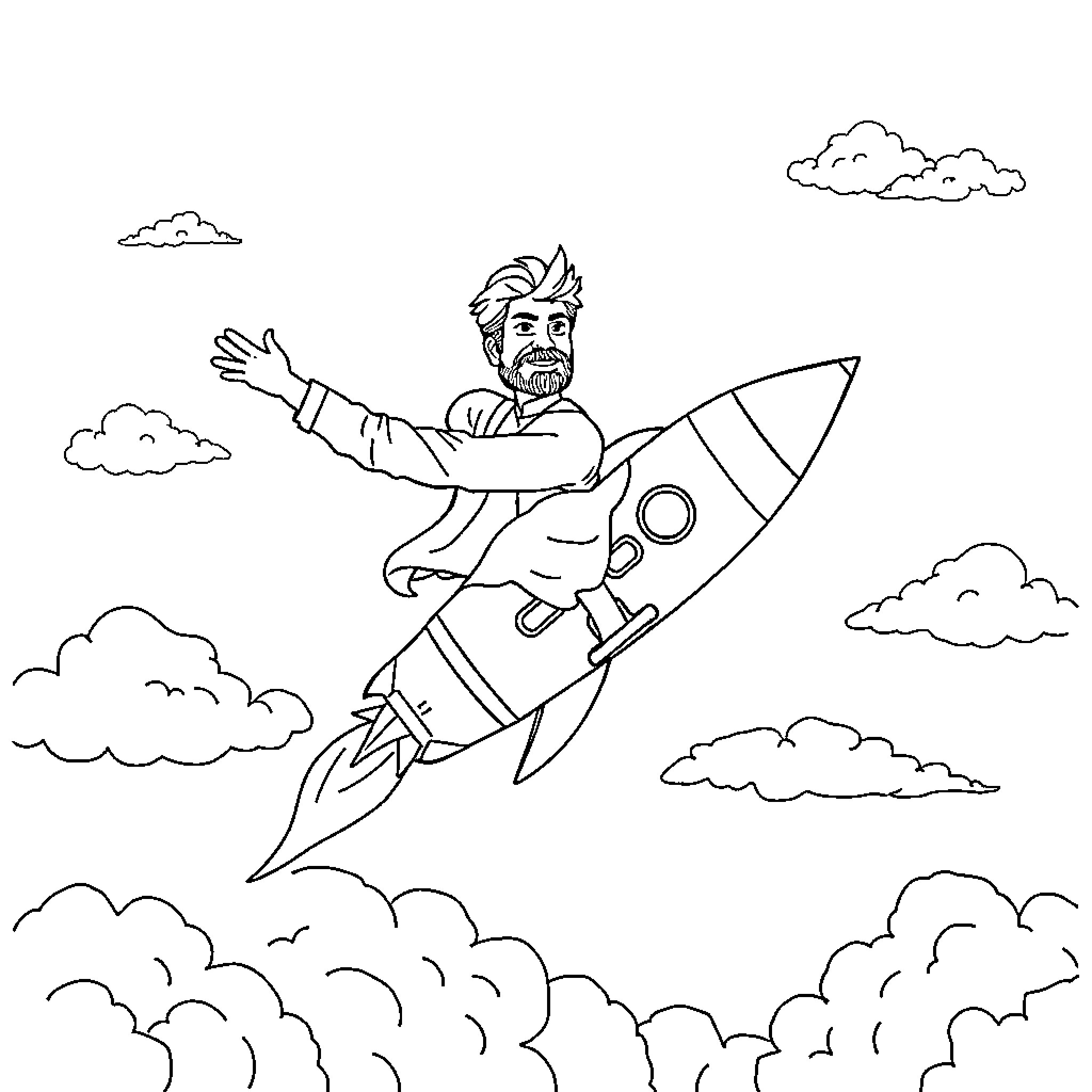Imran Khan Riding a Rocket Ship Through the Clouds Coloring Page (free black-and-white line drawing printable PDF for all, from beginners to advanced learners, including children, teens, adults, and seniors)