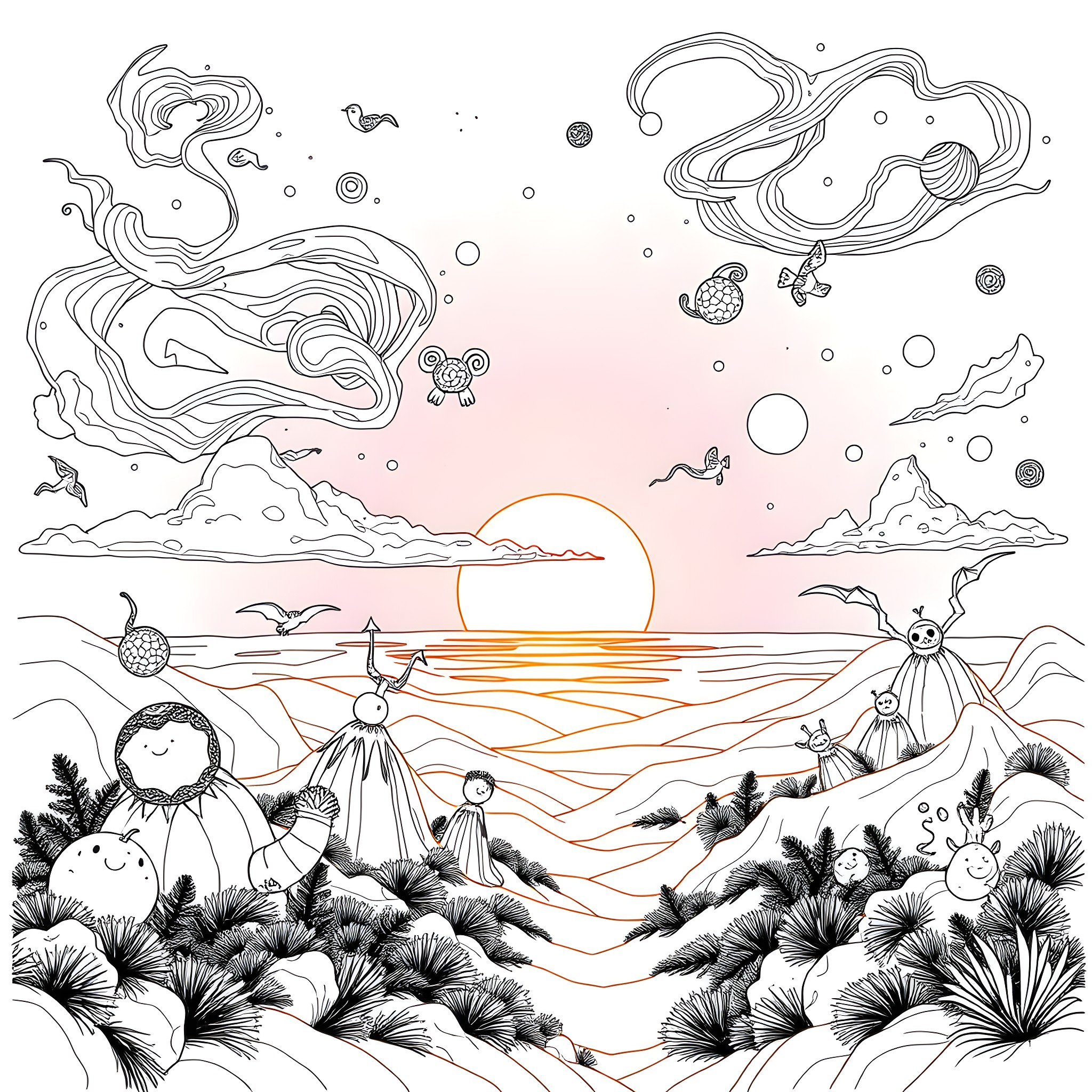 Sunset over a serene landscape with whimsical elements Coloring Page (free black-and-white line drawing printable PDF for all, from beginners to advanced learners, including children, teens, adults, and seniors)