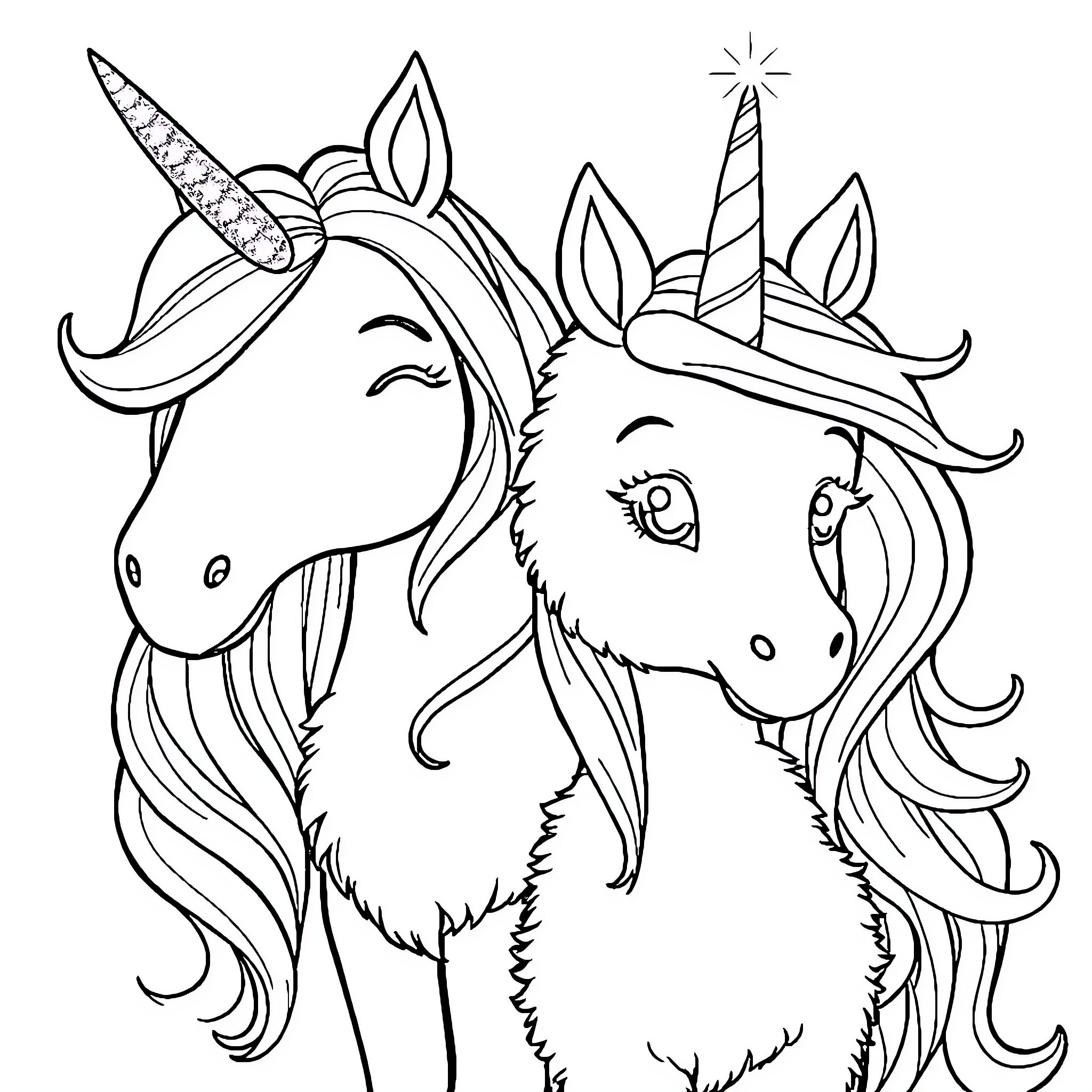 Girl playing with magical unicorns Coloring Page (free black-and-white line drawing printable PDF for all, from beginners to advanced learners, including children, teens, adults, and seniors)