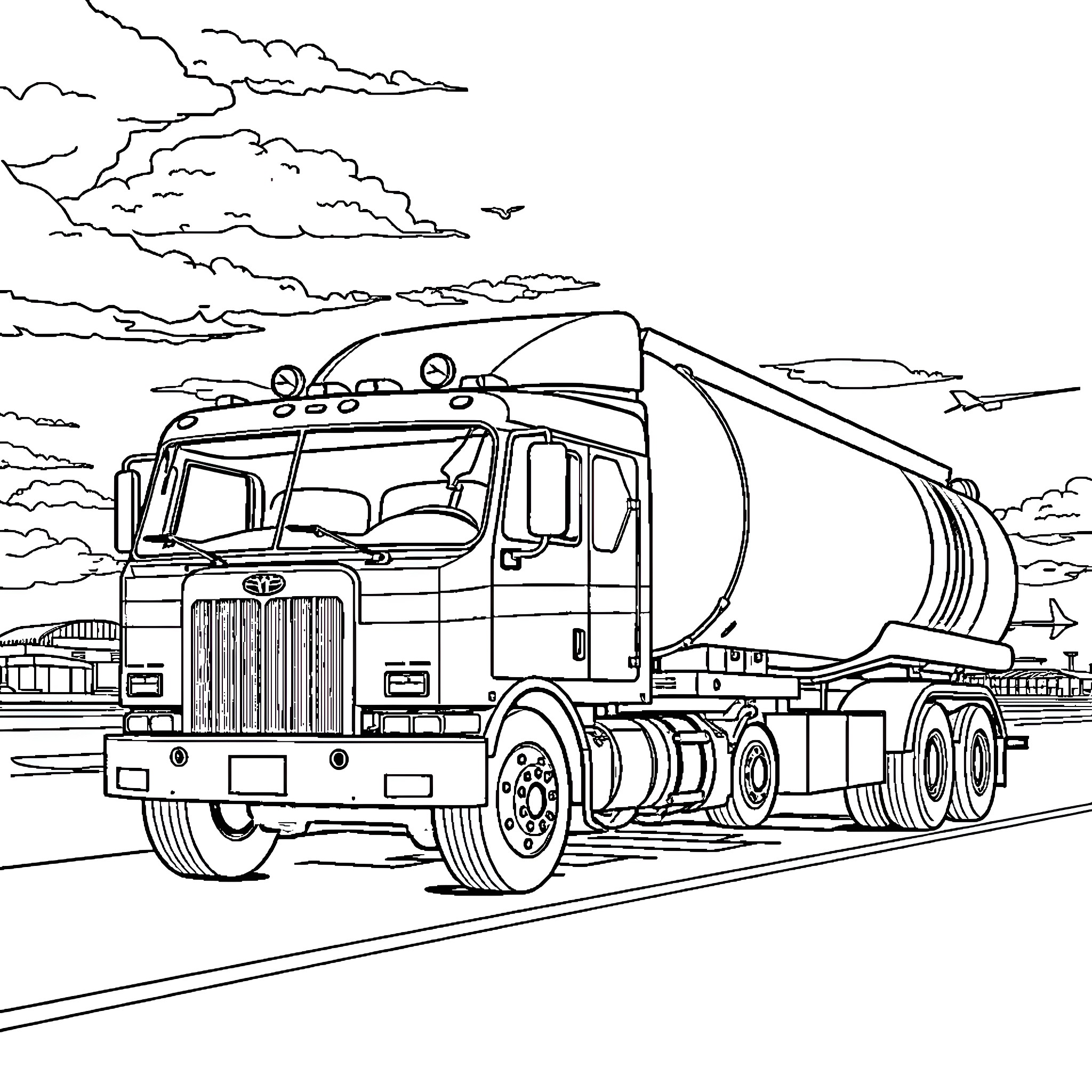 Aviation Fuel Truck driving on the road Coloring Page (free black-and-white line drawing printable PDF for all, from beginners to advanced learners, including children, teens, adults, and seniors)