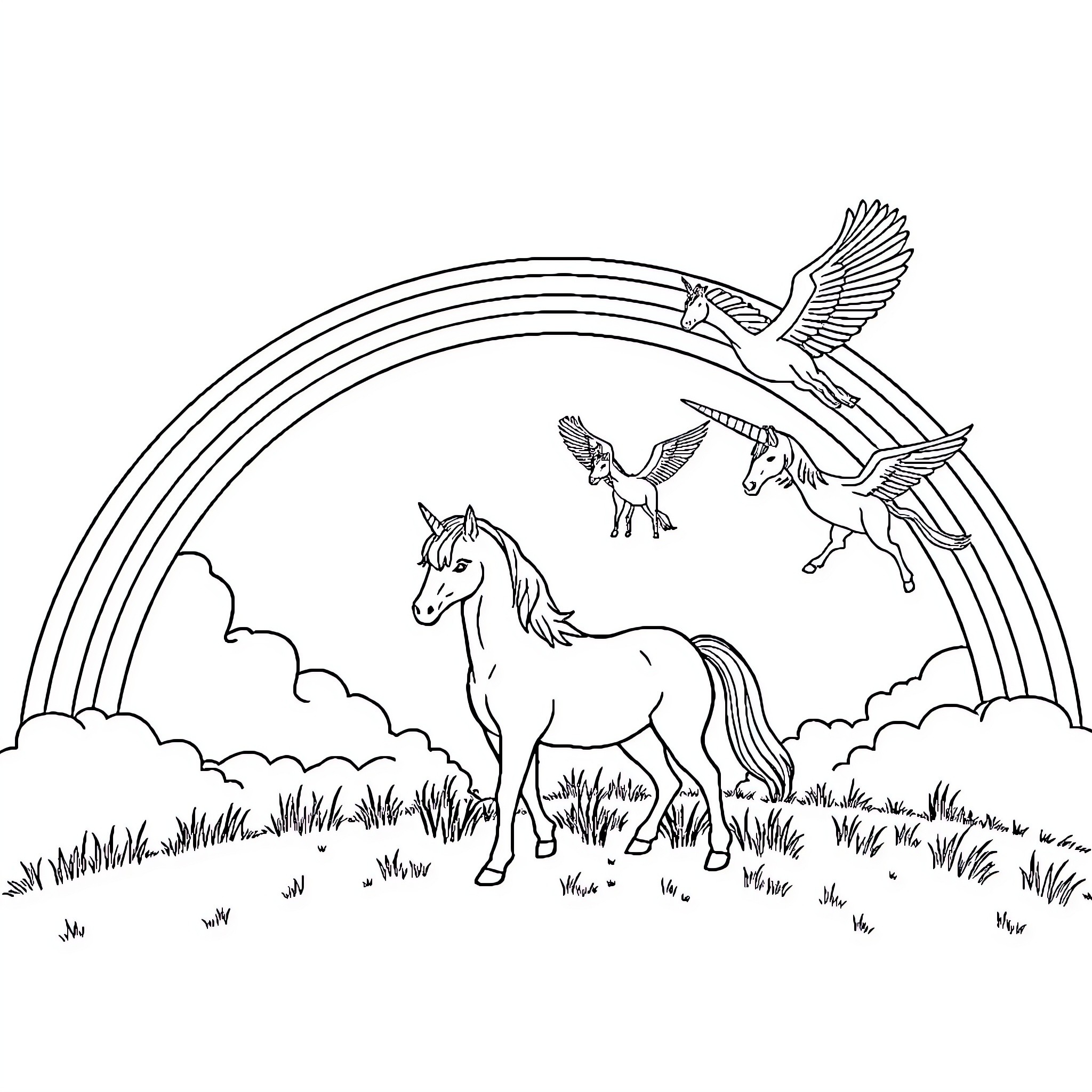 Unicorn and Mythical Creatures in Whimsical Meadow Coloring Page (free black-and-white line drawing printable PDF for all, from beginners to advanced learners, including children, teens, adults, and seniors)