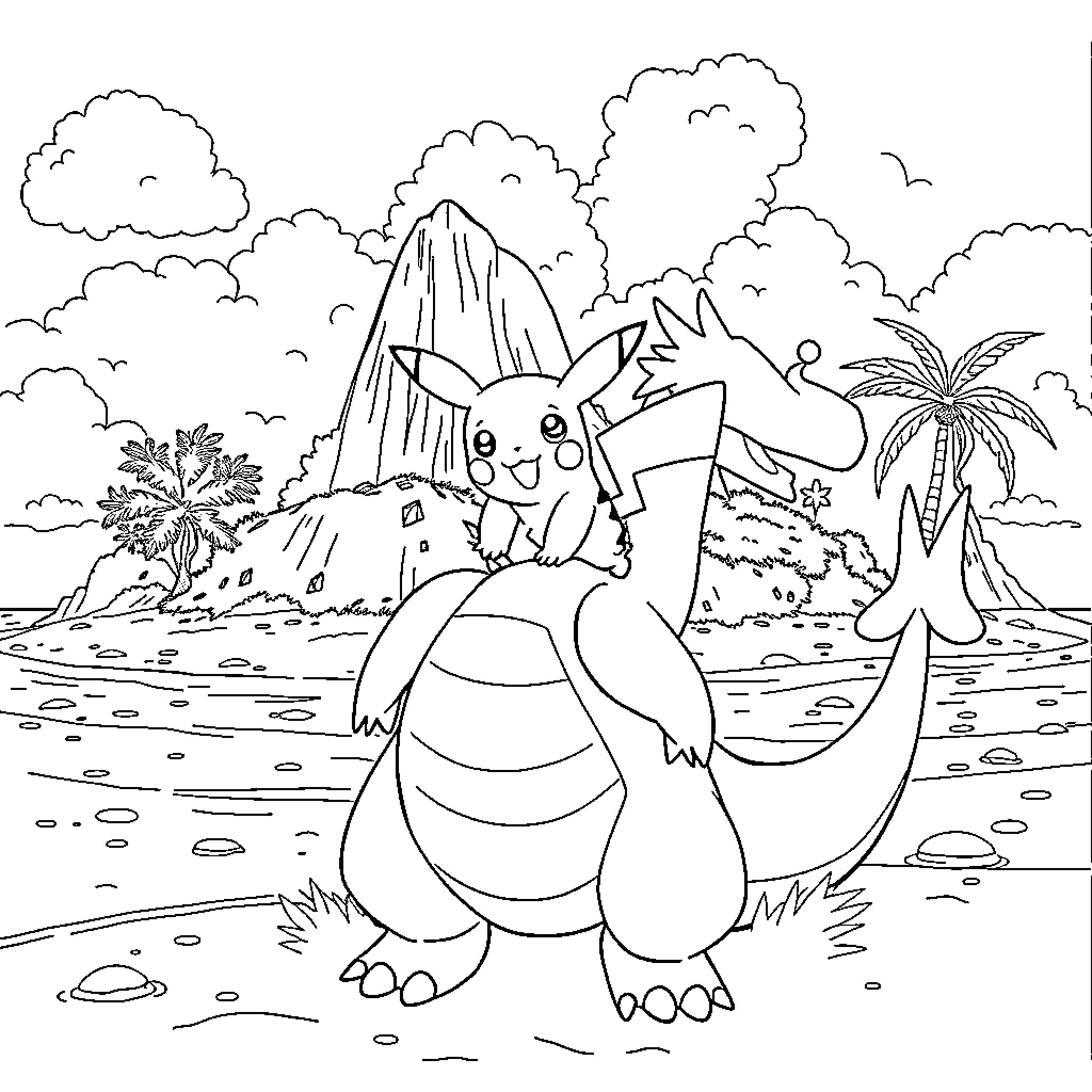 Pikachu exploring a tropical beach scene Coloring Page (free black-and-white line drawing printable PDF for all, from beginners to advanced learners, including children, teens, adults, and seniors)