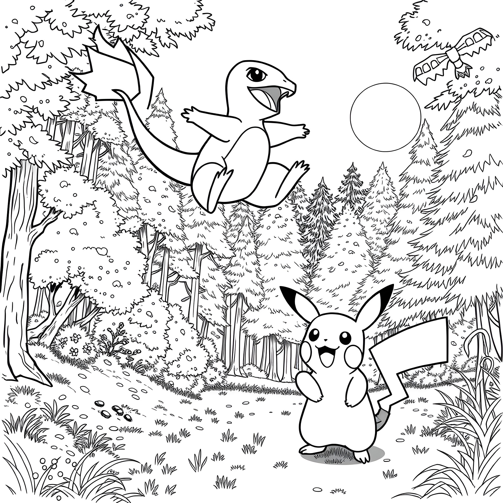 Charmander and Pikachu in the Enchanted Forest Coloring Page (free black-and-white line drawing printable PDF for all, from beginners to advanced learners, including children, teens, adults, and seniors)