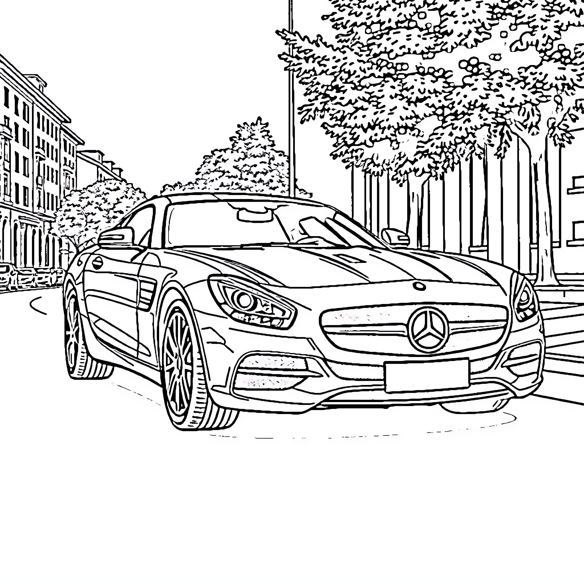 Mercedes-Benz luxury sports car on city street Coloring Page (free black-and-white line drawing printable PDF for all, from beginners to advanced learners, including children, teens, adults, and seniors)