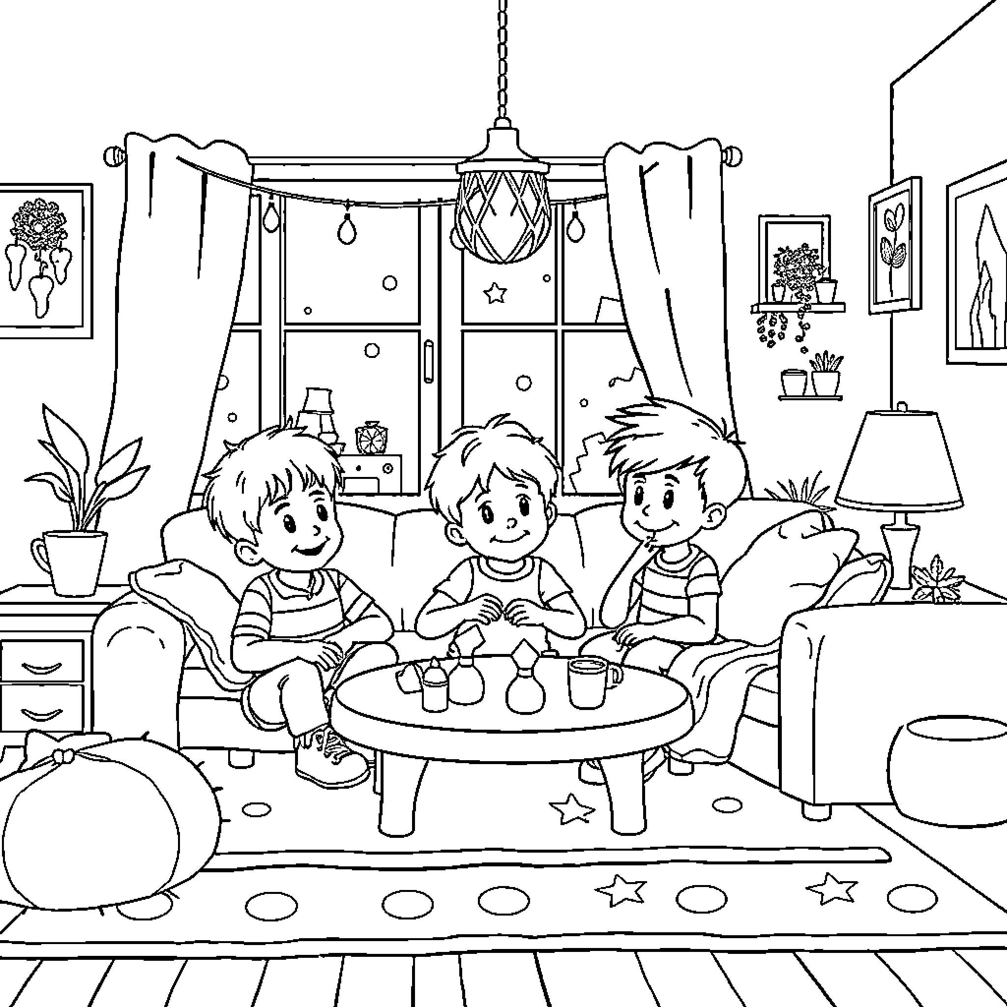 Child's Playful Indoor Gathering Coloring Page (free black-and-white line drawing printable PDF for all, from beginners to advanced learners, including children, teens, adults, and seniors)