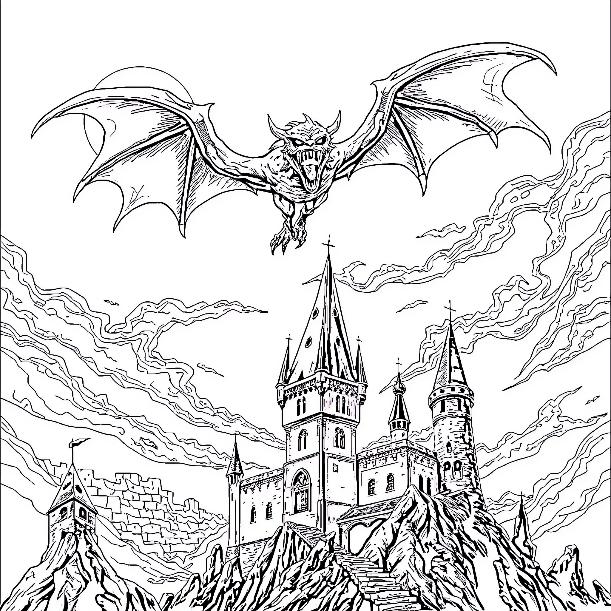 Monster Soaring Over Enchanted Castle Coloring Page (free black-and-white line drawing printable PDF for all, from beginners to advanced learners, including children, teens, adults, and seniors)