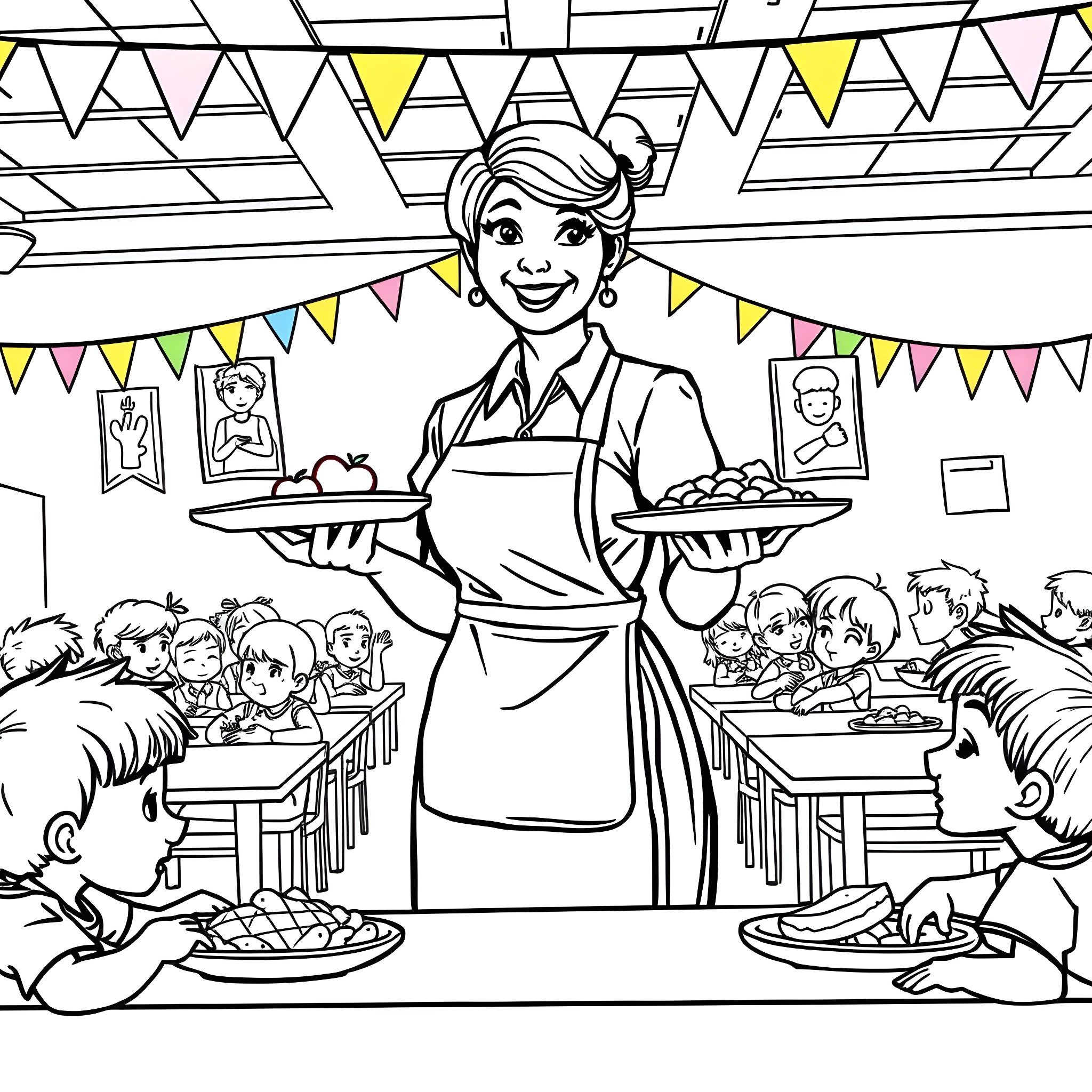 Lunch Lady Serving Food to Smiling Students in Decorated Cafeteria Coloring Page (free black-and-white line drawing printable PDF for all, from beginners to advanced learners, including children, teens, adults, and seniors)