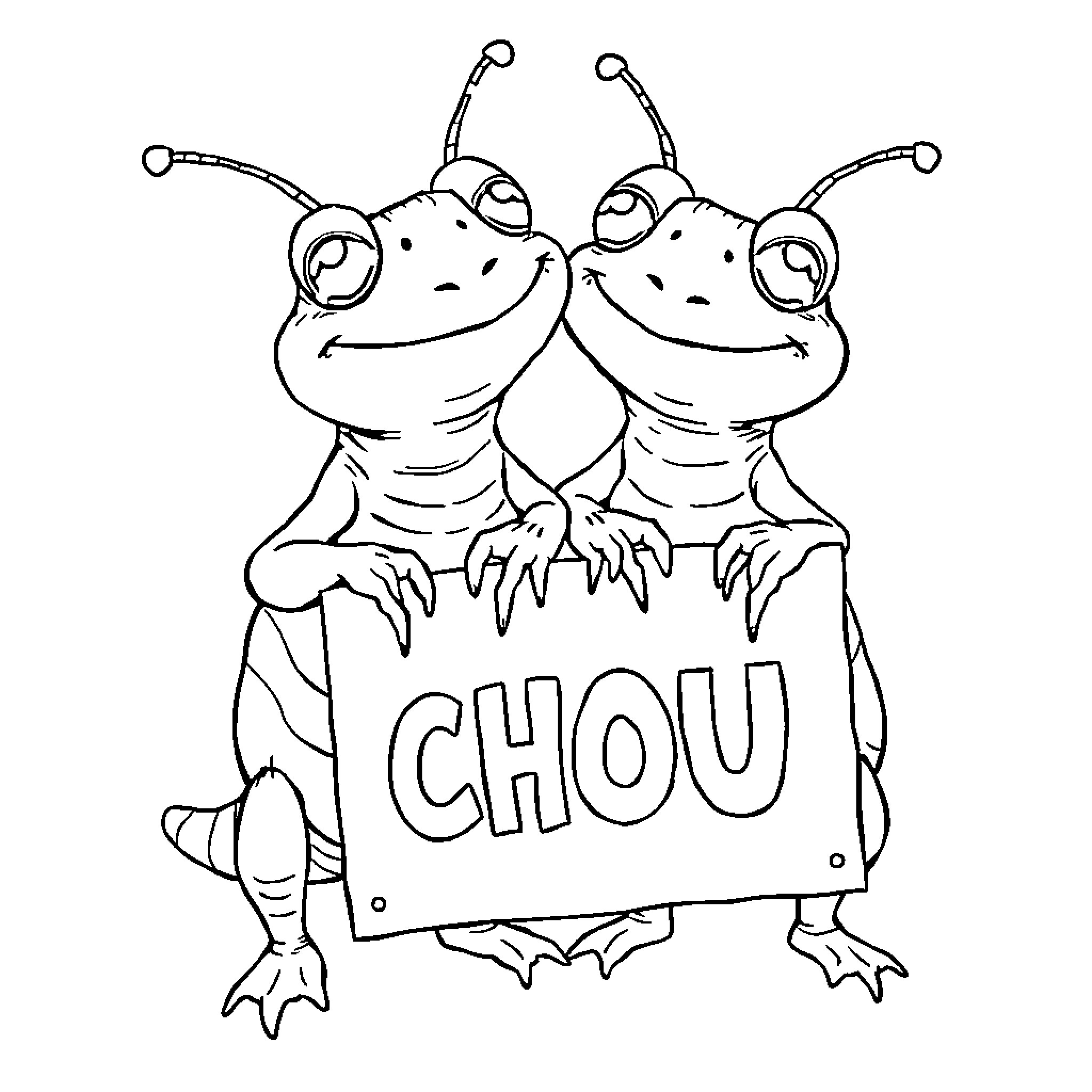 Grenouille shouting together on a placard Coloring Page (free black-and-white line drawing printable PDF for all, from beginners to advanced learners, including children, teens, adults, and seniors)