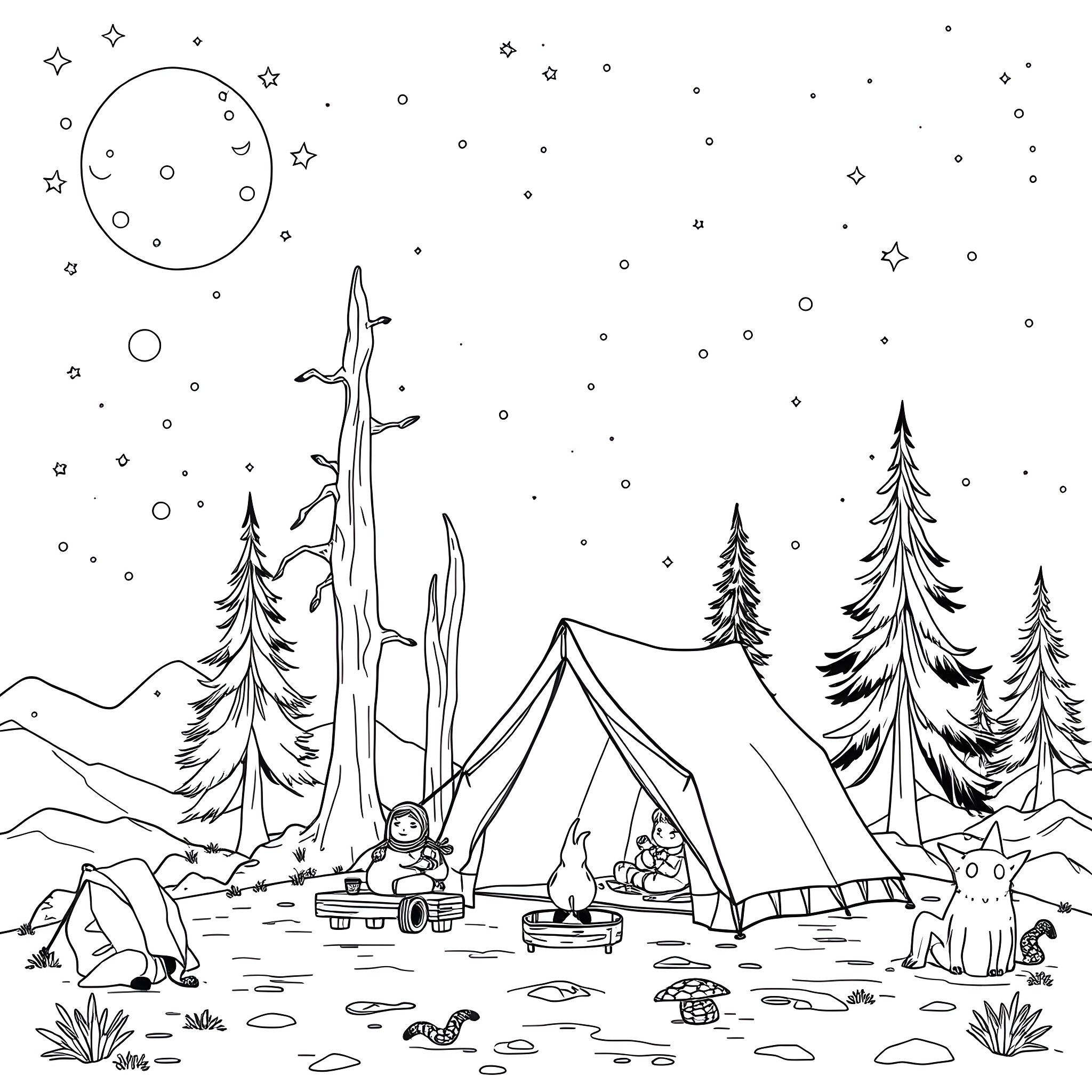 Camper's serene night at the starry campsite Coloring Page (free black-and-white line drawing printable PDF for all, from beginners to advanced learners, including children, teens, adults, and seniors)