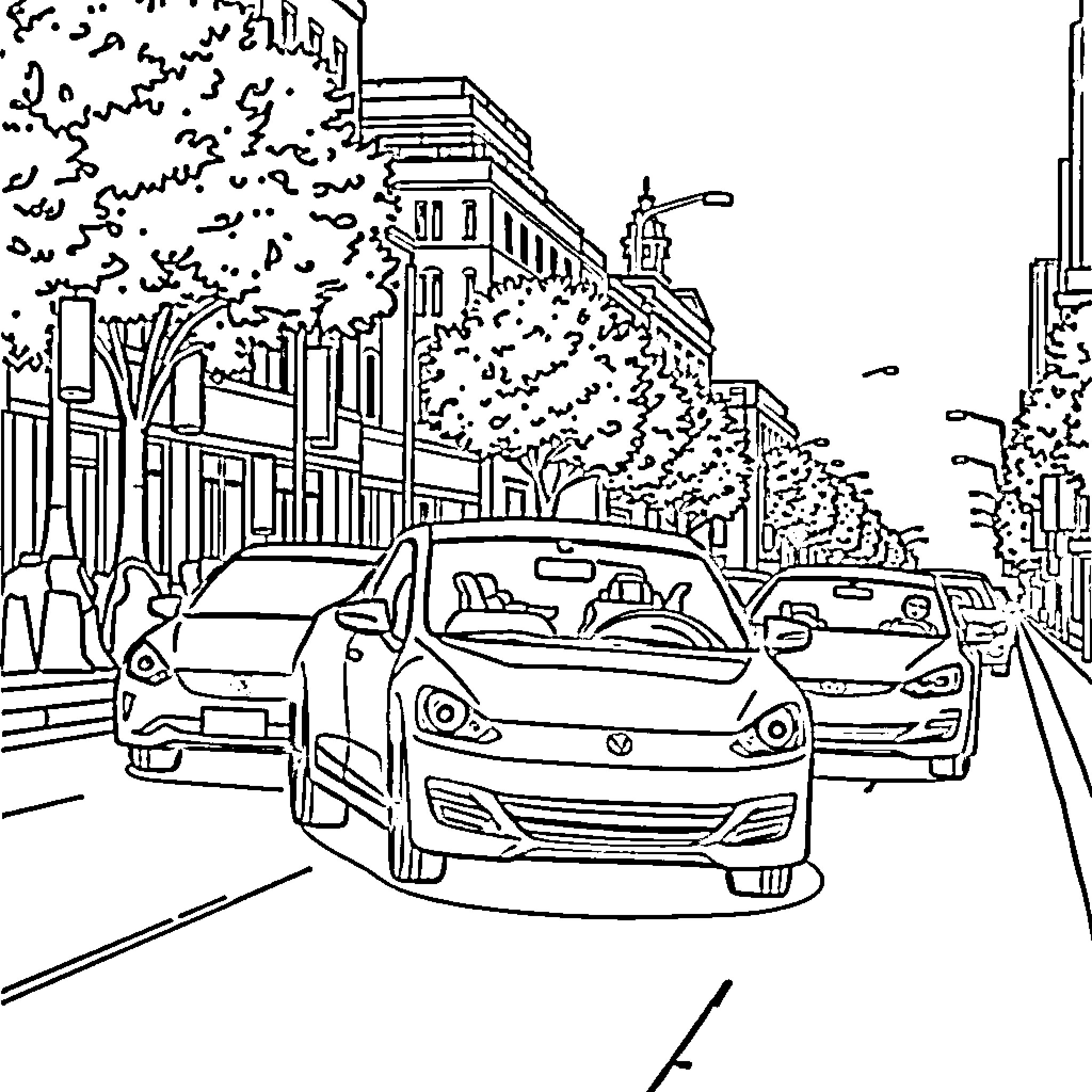 Car traffic on a crowded city street Coloring Page (free black-and-white line drawing printable PDF for all, from beginners to advanced learners, including children, teens, adults, and seniors)