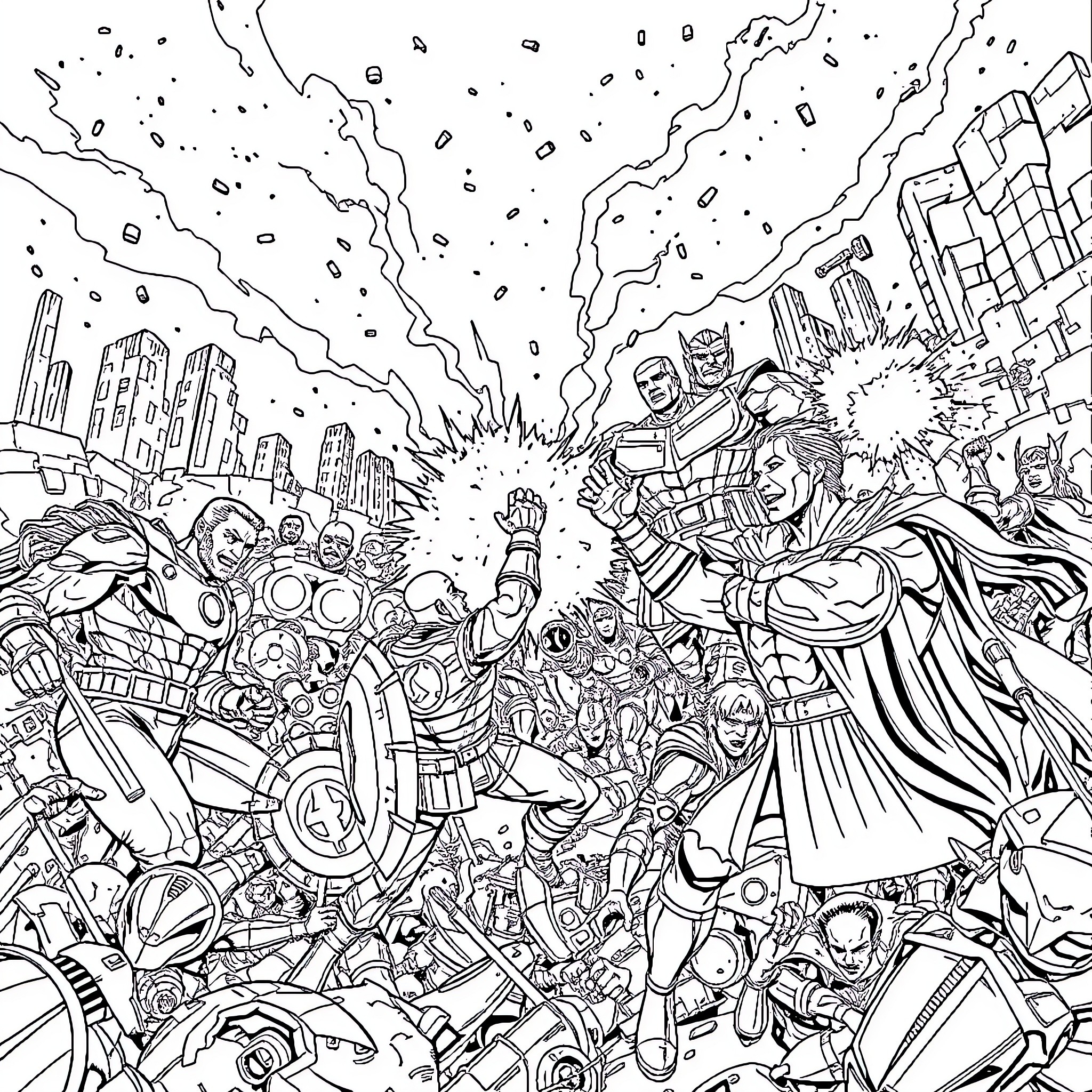 Marvel Heroes in Epic Battle in the City Coloring Page (free black-and-white line drawing printable PDF for all, from beginners to advanced learners, including children, teens, adults, and seniors)