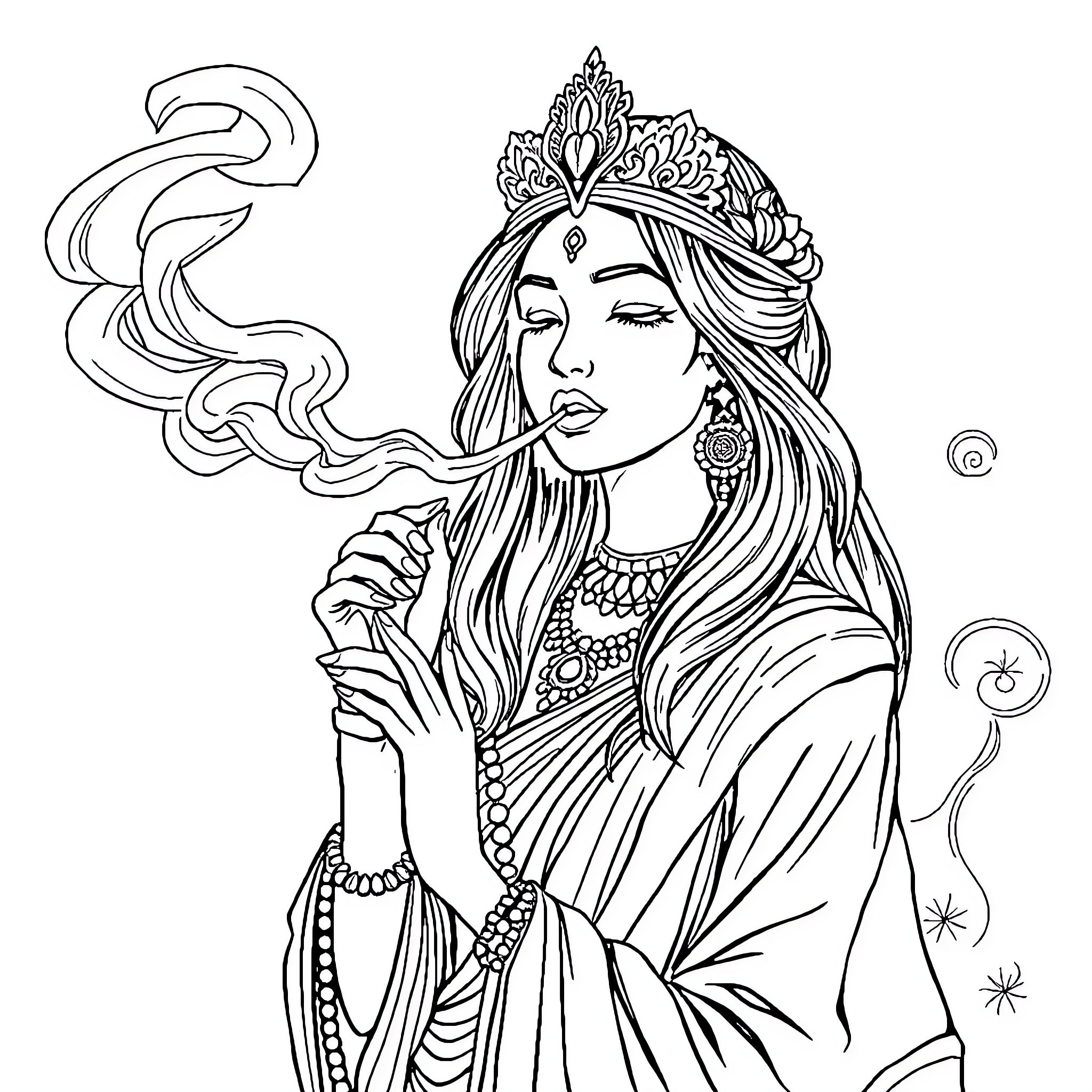 Vape Empress in Ornate Attire Coloring Page (free black-and-white line drawing printable PDF for all, from beginners to advanced learners, including children, teens, adults, and seniors)
