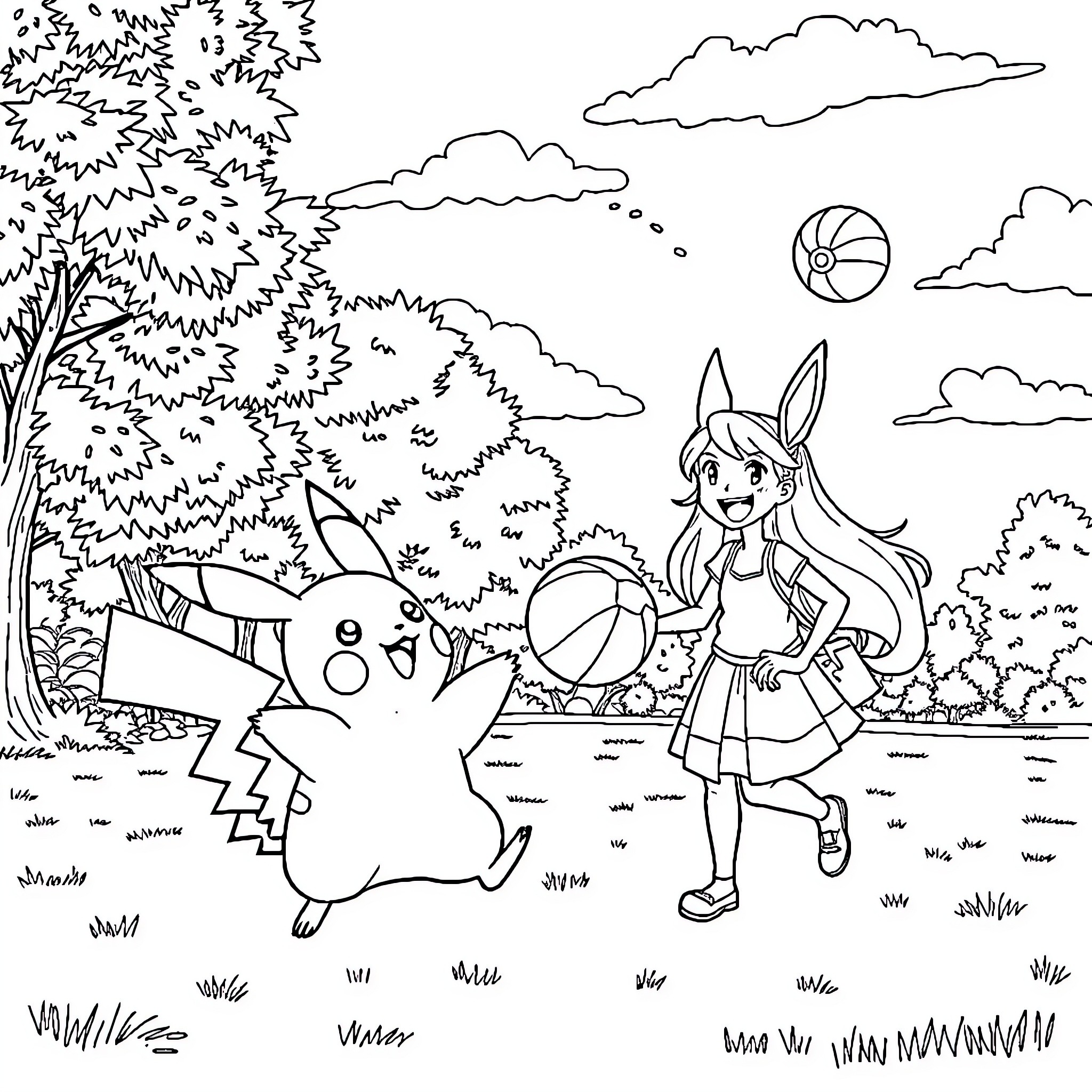 Pikachu playing with a girl in a forest Coloring Page (free black-and-white line drawing printable PDF for all, from beginners to advanced learners, including children, teens, adults, and seniors)