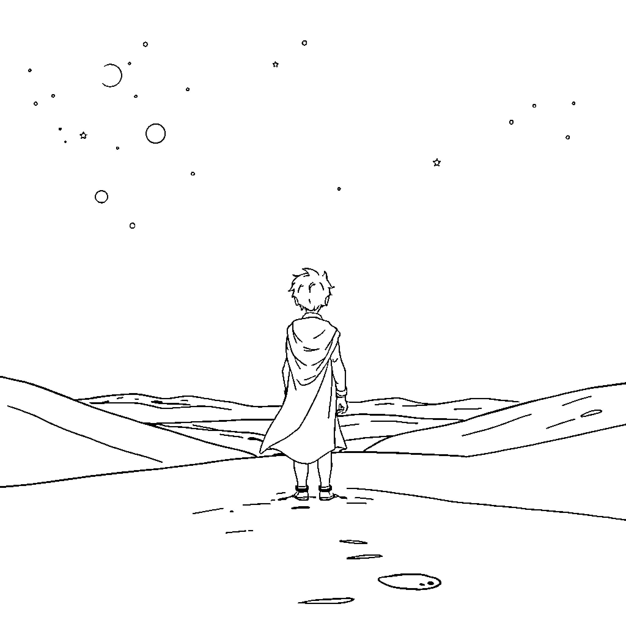 Traveler gazing at the starry night sky Coloring Page (free black-and-white line drawing printable PDF for all, from beginners to advanced learners, including children, teens, adults, and seniors)