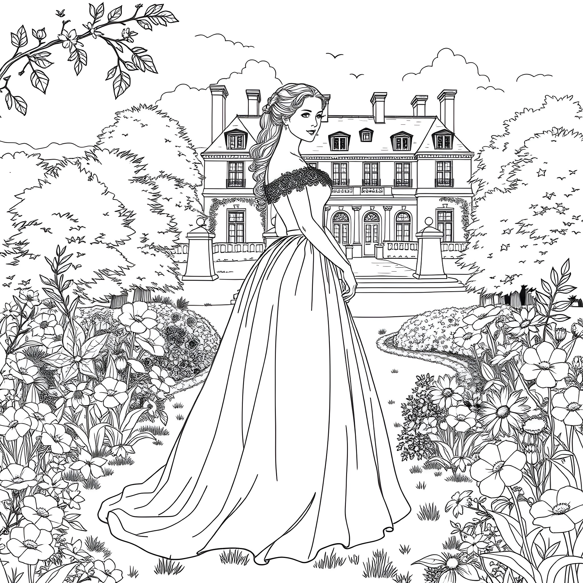 Princess in Enchanting Garden with Magnificent Palace Coloring Page (free black-and-white line drawing printable PDF for all, from beginners to advanced learners, including children, teens, adults, and seniors)