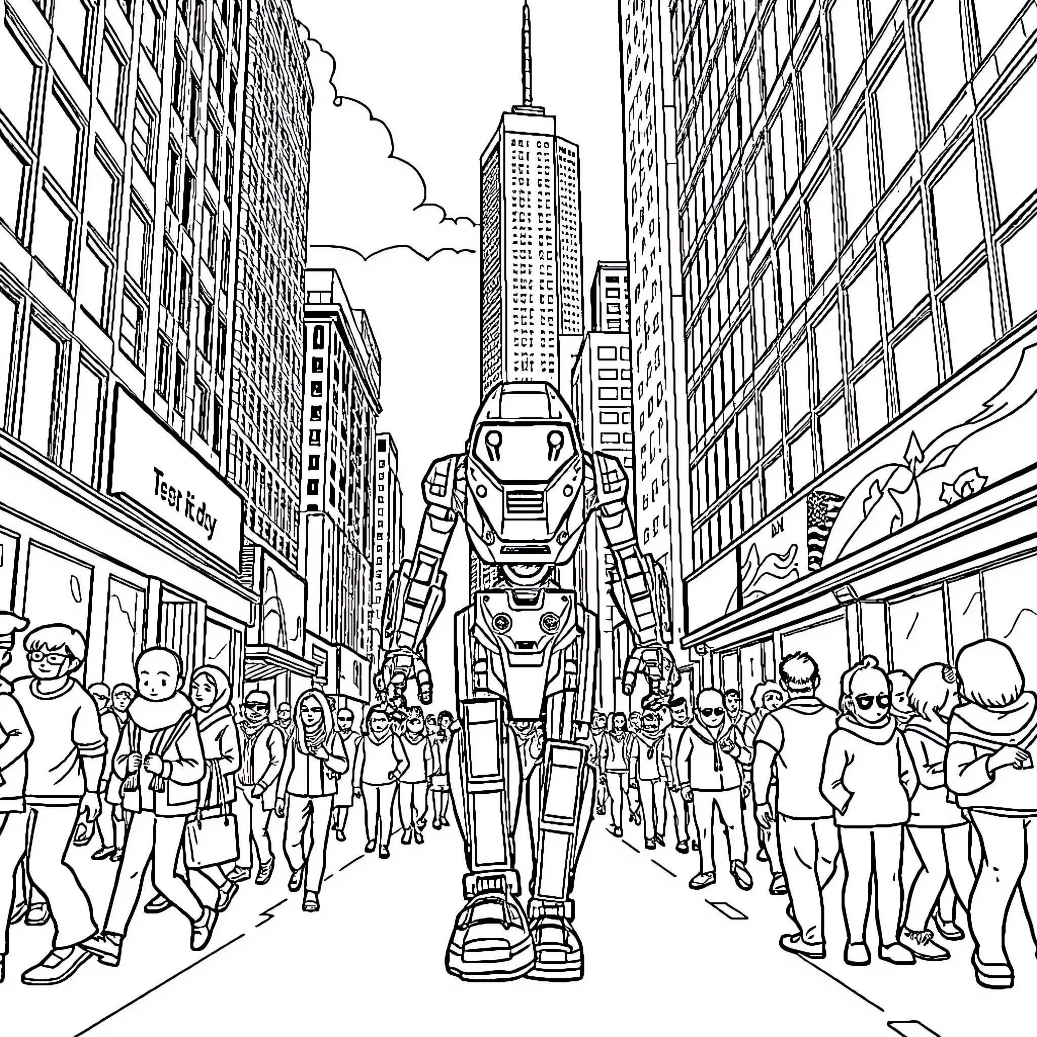 Robot Towering Over Busy City Street Coloring Page (free black-and-white line drawing printable PDF for all, from beginners to advanced learners, including children, teens, adults, and seniors)