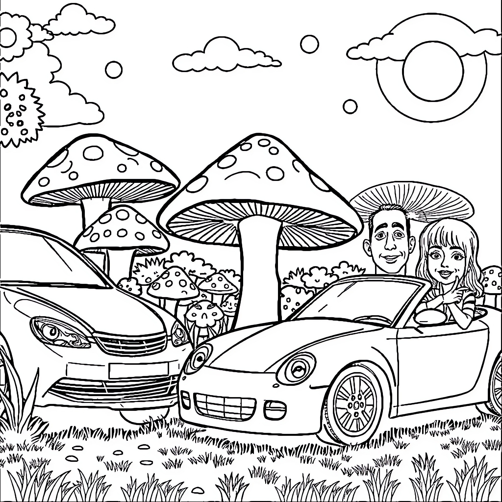 Mushroom adventure in the fantasy landscape Coloring Page (free black-and-white line drawing printable PDF for all, from beginners to advanced learners, including children, teens, adults, and seniors)