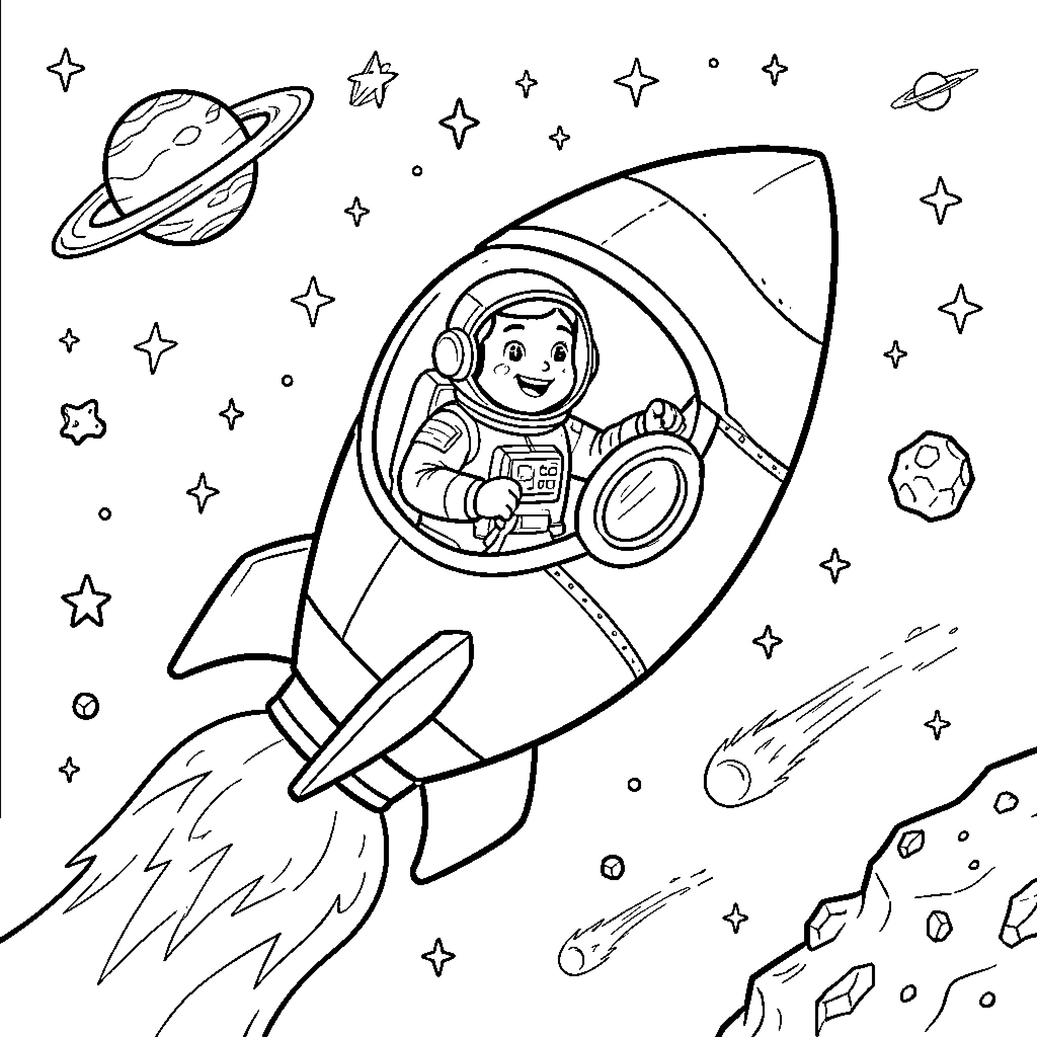 Astronaut smiling while piloting a rocket through space Coloring Page (free black-and-white line drawing printable PDF for all, from beginners to advanced learners, including children, teens, adults, and seniors)
