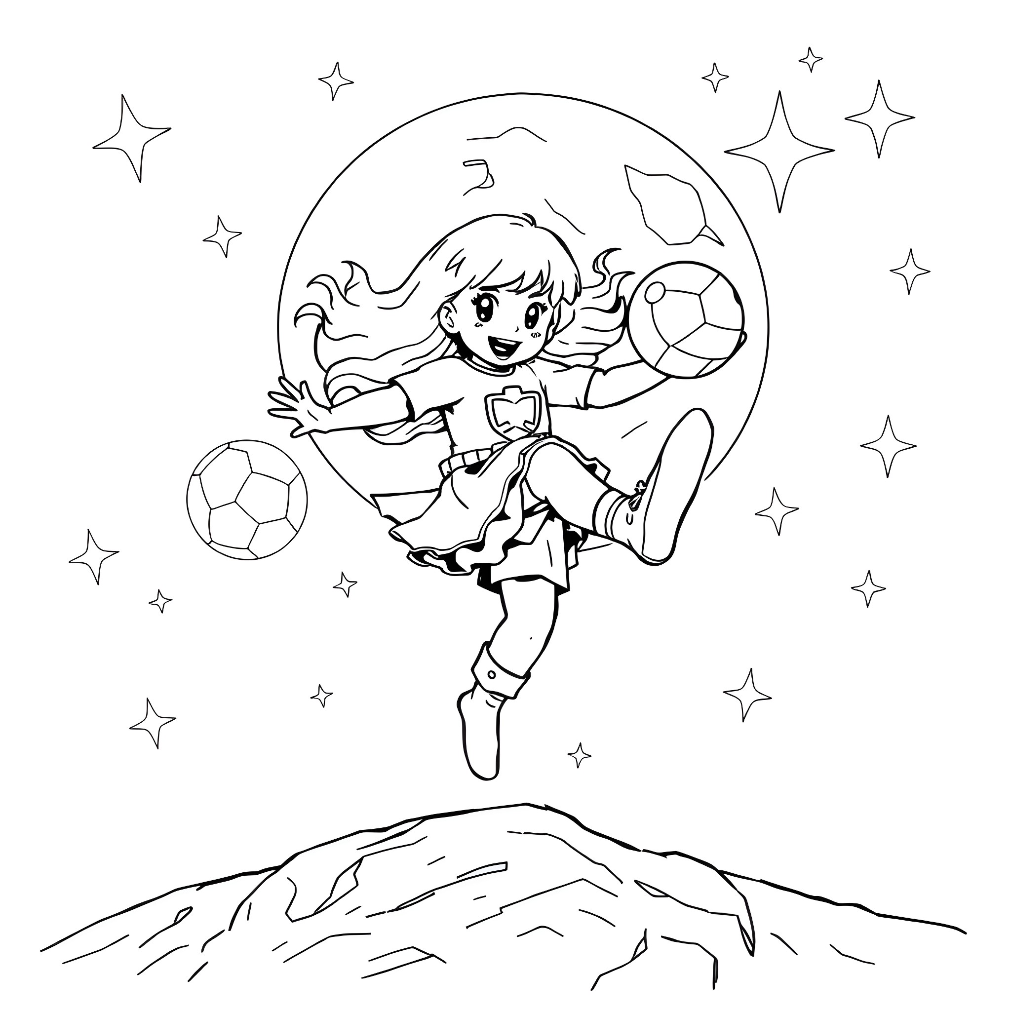 Rainbow Brite playing with soccer balls in the stars Coloring Page (free black-and-white line drawing printable PDF for all, from beginners to advanced learners, including children, teens, adults, and seniors)