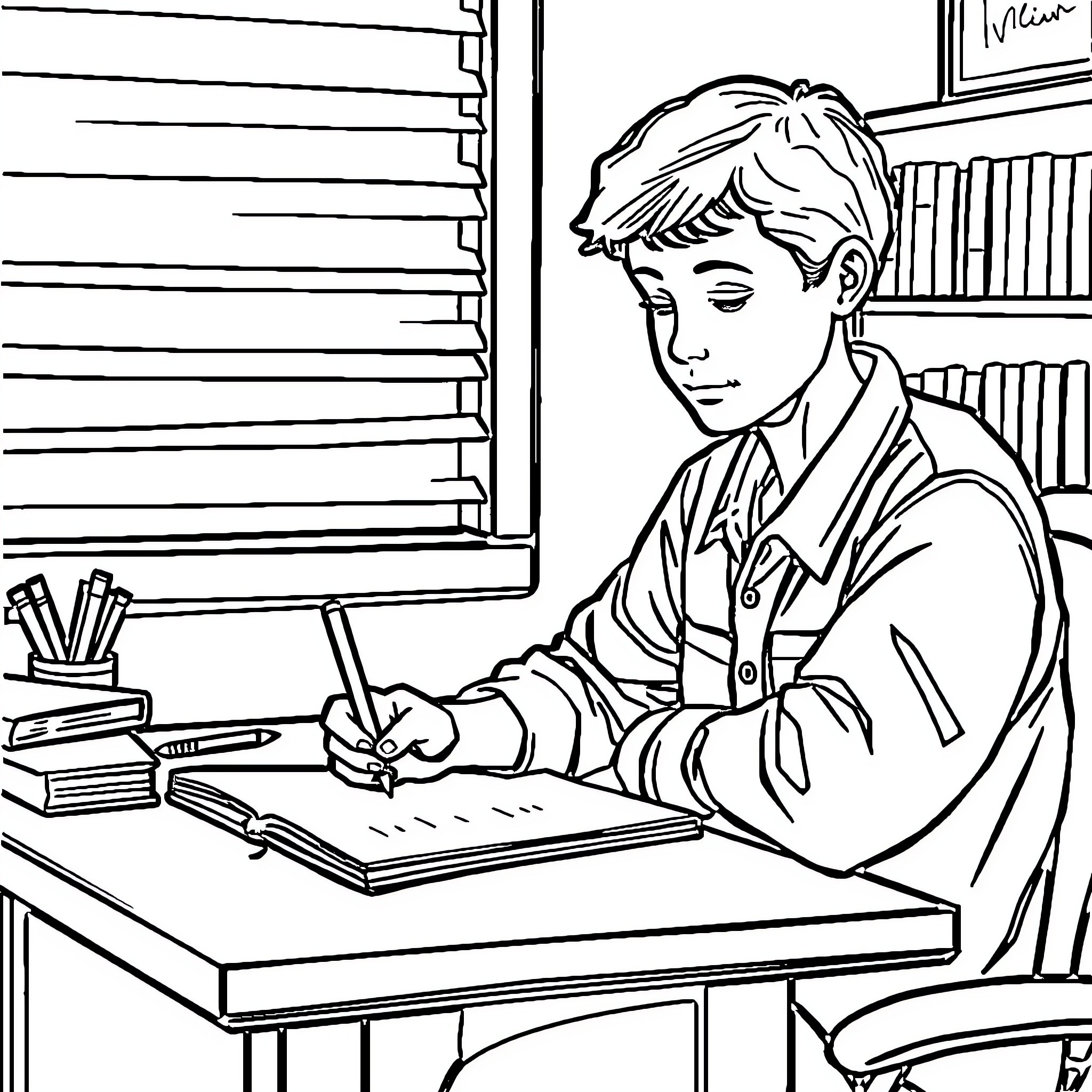 Writing Diligently in the Library Coloring Page (free black-and-white line drawing printable PDF for all, from beginners to advanced learners, including children, teens, adults, and seniors)