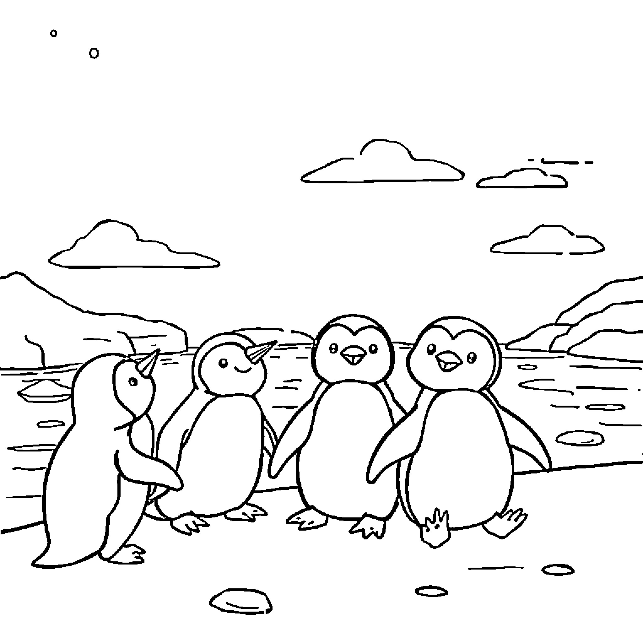Penguins enjoying a sunny day on the beach Coloring Page (free black-and-white line drawing printable PDF for all, from beginners to advanced learners, including children, teens, adults, and seniors)