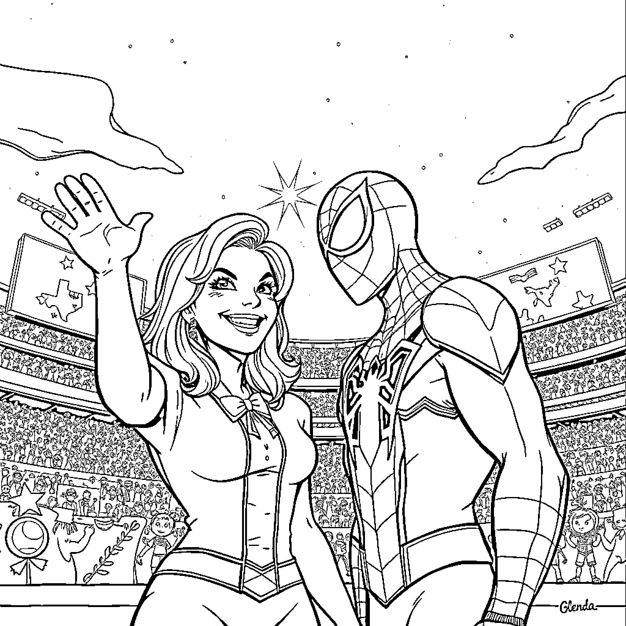 Glenda's Superhero Celebration in the Arena Coloring Page (free black-and-white line drawing printable PDF for all, from beginners to advanced learners, including children, teens, adults, and seniors)