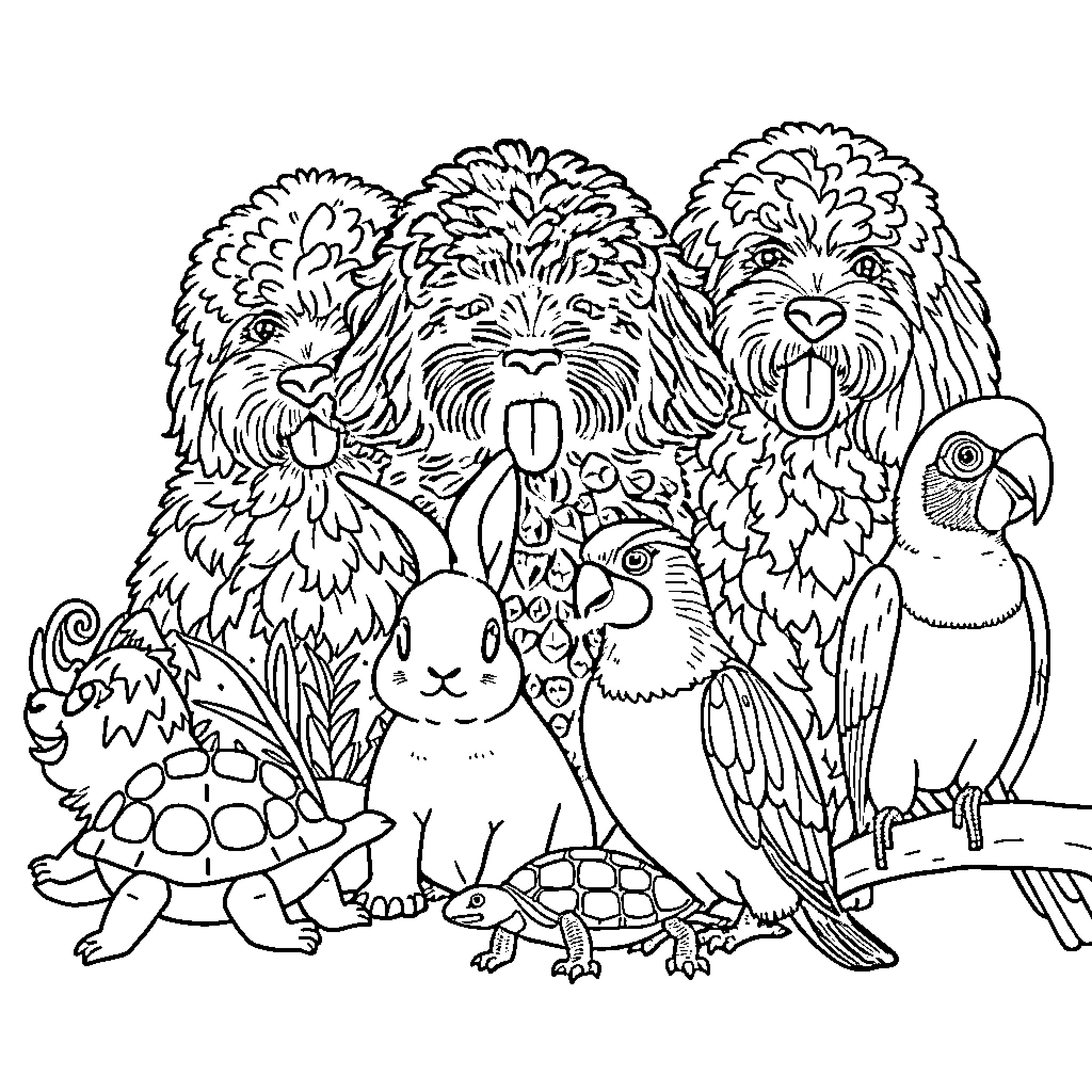 Animal friends posing together in nature Coloring Page (free black-and-white line drawing printable PDF for all, from beginners to advanced learners, including children, teens, adults, and seniors)