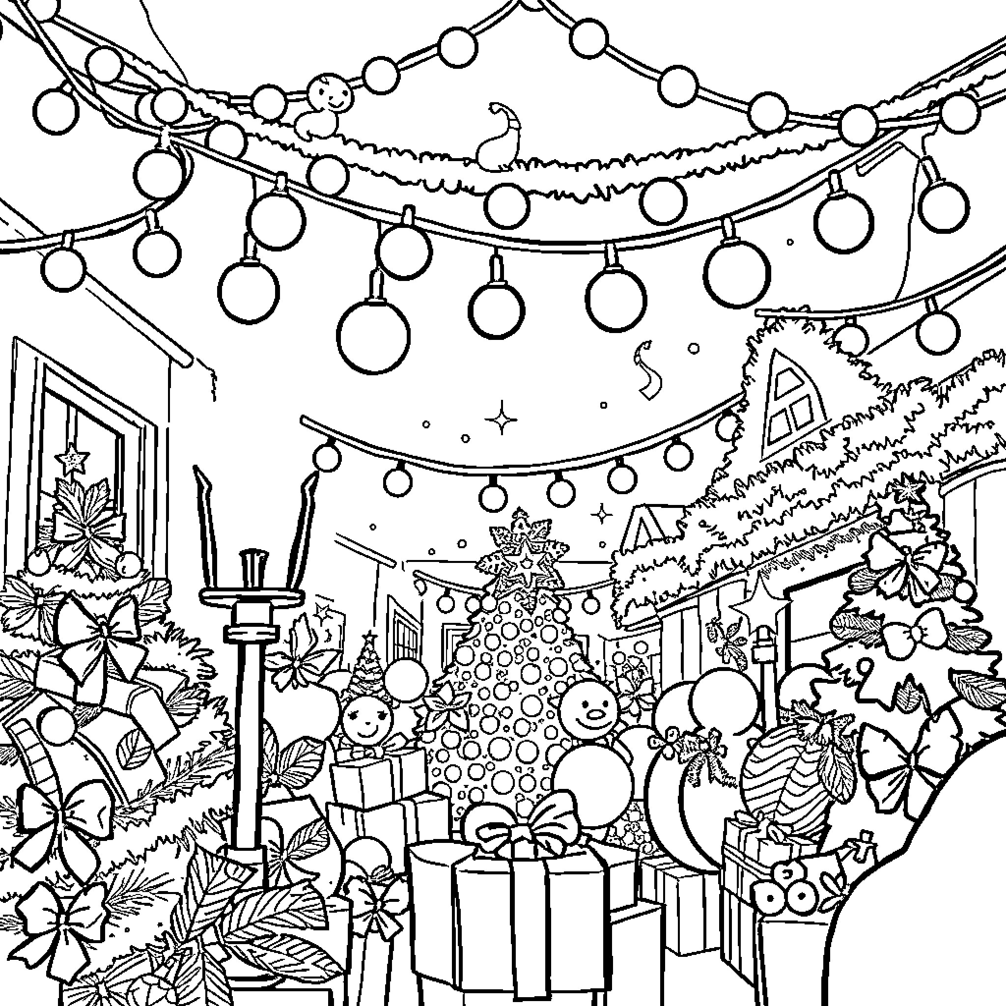 Merry Christmas Celebration in Winter Wonderland Coloring Page (free black-and-white line drawing printable PDF for all, from beginners to advanced learners, including children, teens, adults, and seniors)