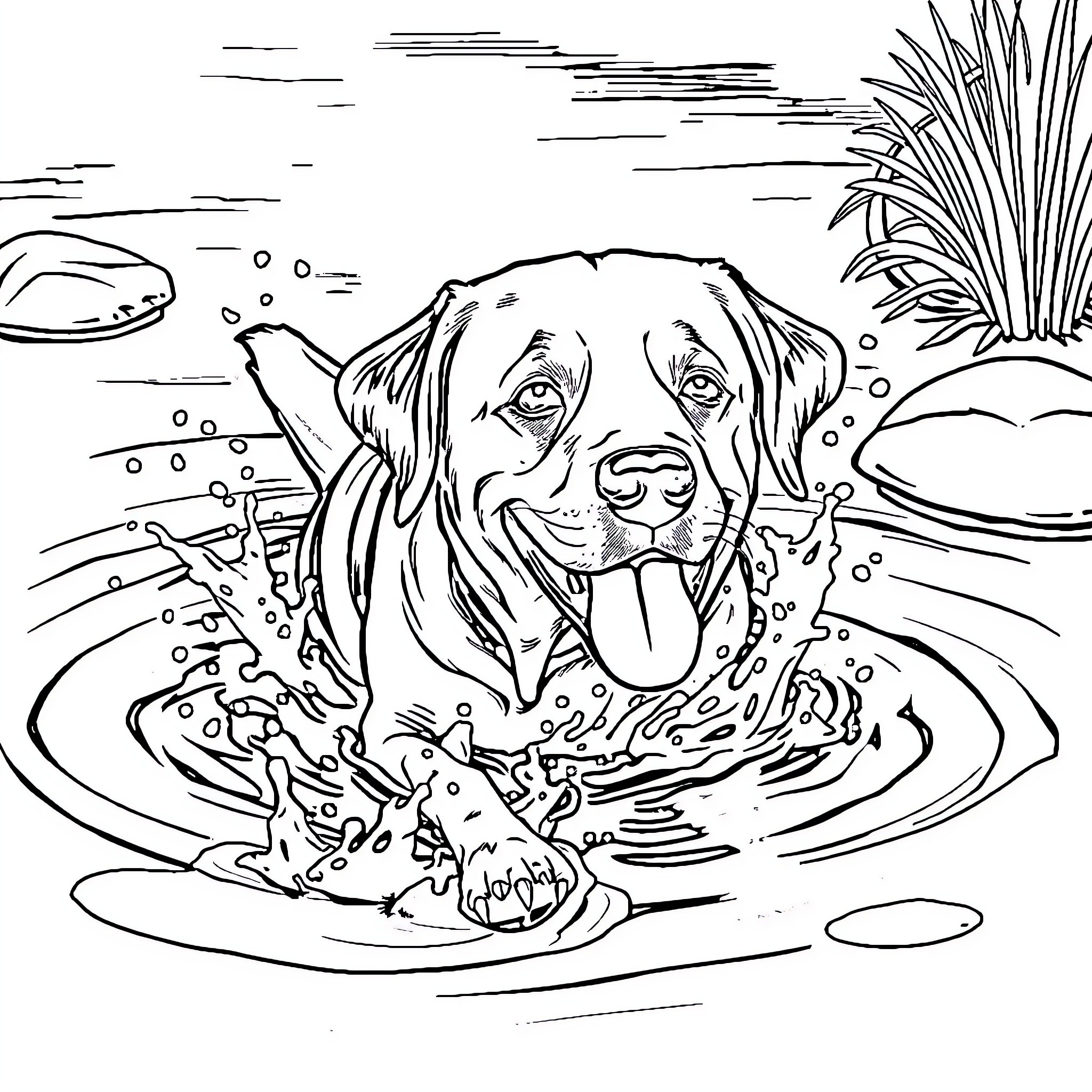 Labrador swimming happily in the pond Coloring Page (free black-and-white line drawing printable PDF for all, from beginners to advanced learners, including children, teens, adults, and seniors)