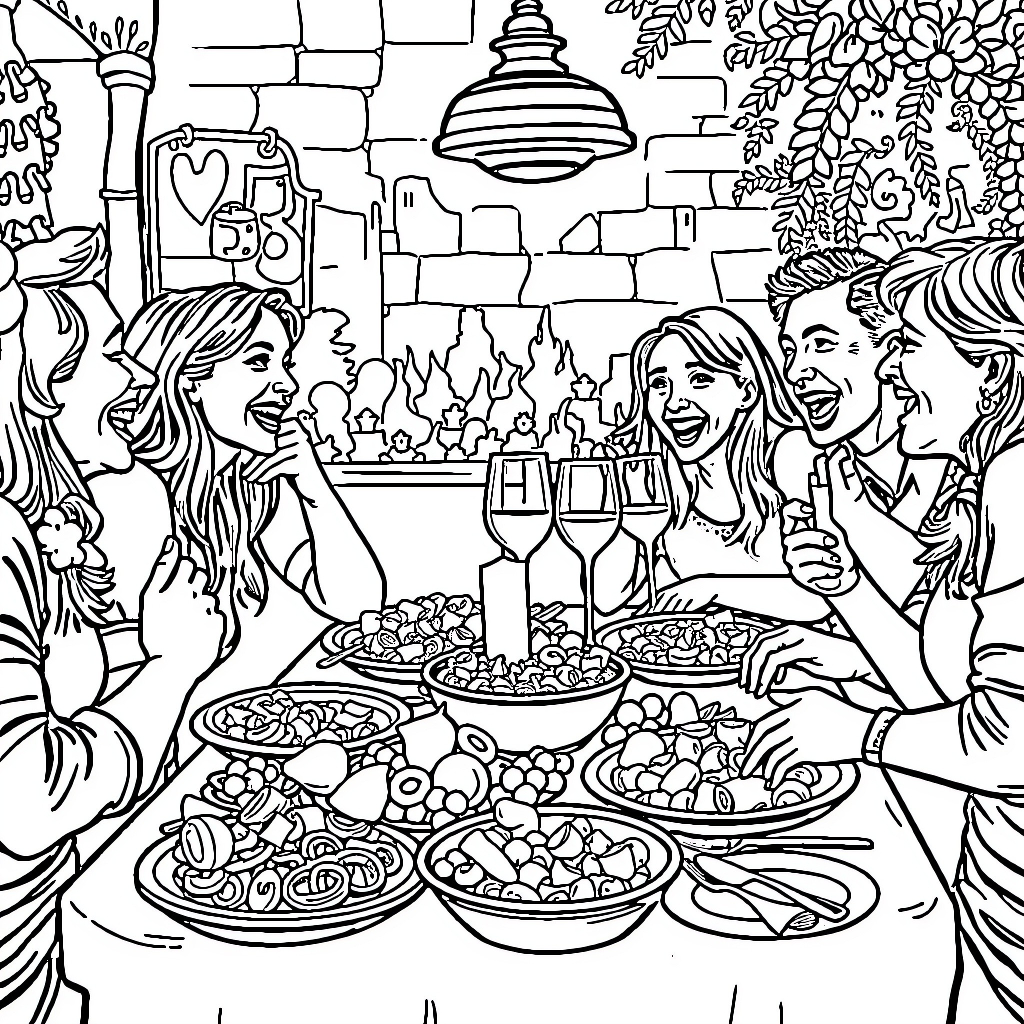Brainrot: Friends enjoying a lively meal together Coloring Page (free black-and-white line drawing printable PDF for all, from beginners to advanced learners, including children, teens, adults, and seniors)