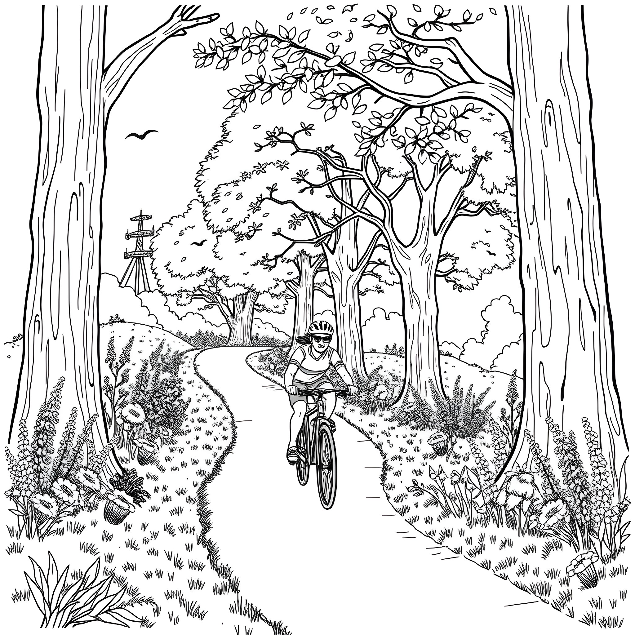 Bike riding through scenic forest landscape Coloring Page (free black-and-white line drawing printable PDF for all, from beginners to advanced learners, including children, teens, adults, and seniors)