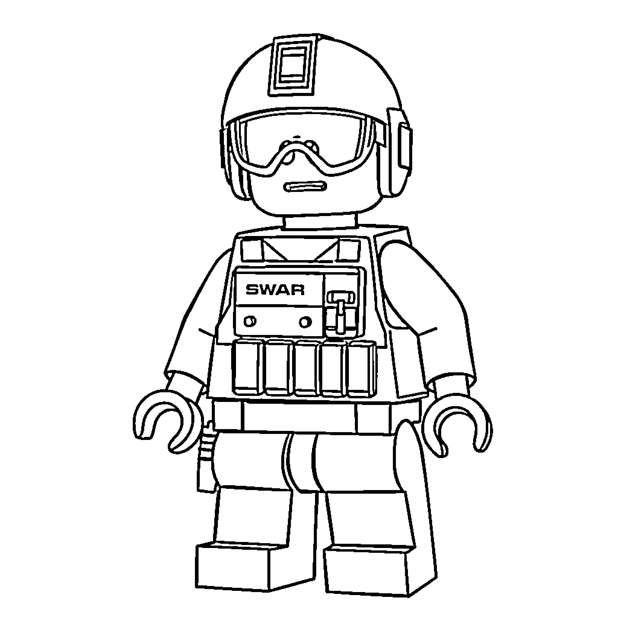 Lego soldier with tactical gear and goggles Coloring Page (free black-and-white line drawing printable PDF for all, from beginners to advanced learners, including children, teens, adults, and seniors)