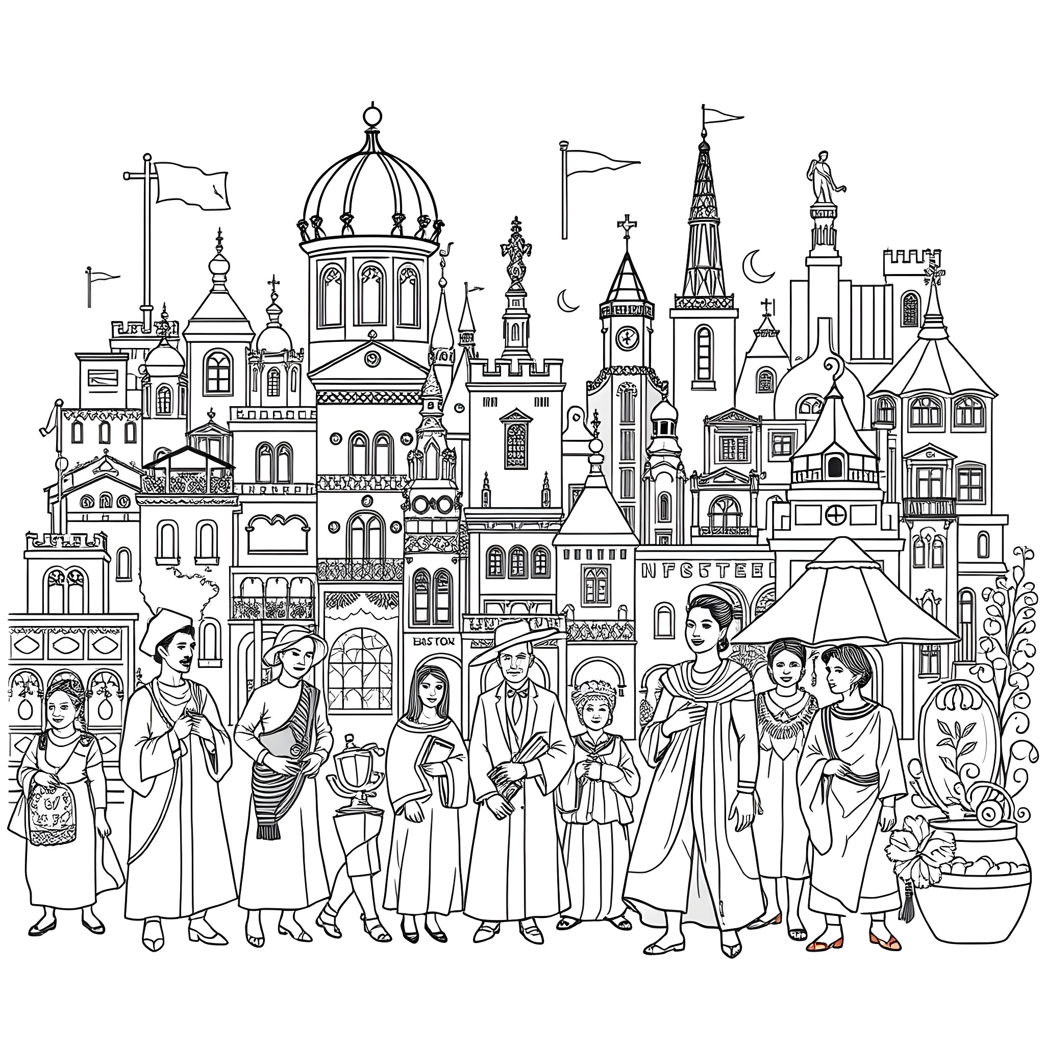 Image of a crowded city with diverse buildings and people Coloring Page (free black-and-white line drawing printable PDF for all, from beginners to advanced learners, including children, teens, adults, and seniors)