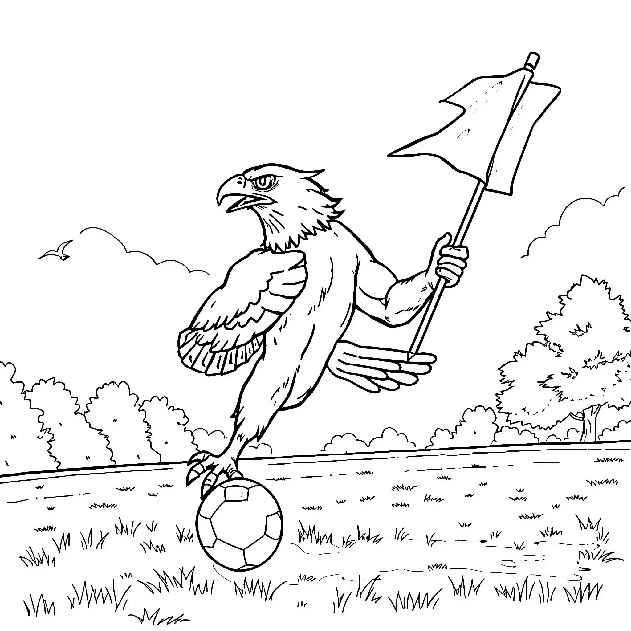 Hawk proudly holding a flag on a soccer ball Coloring Page (free black-and-white line drawing printable PDF for all, from beginners to advanced learners, including children, teens, adults, and seniors)