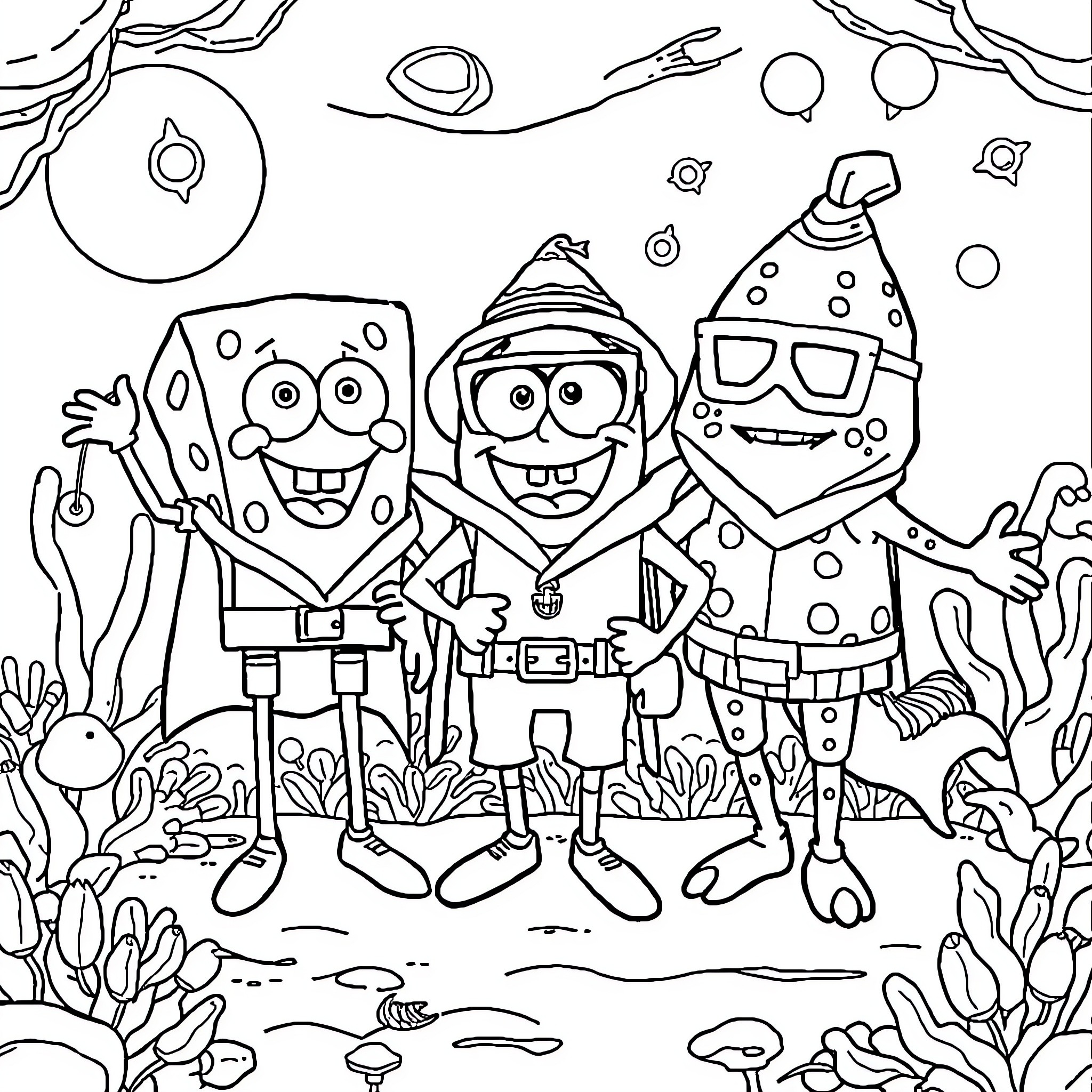 Spongebob and friends in a whimsical underwater scene Coloring Page (free black-and-white line drawing printable PDF for all, from beginners to advanced learners, including children, teens, adults, and seniors)