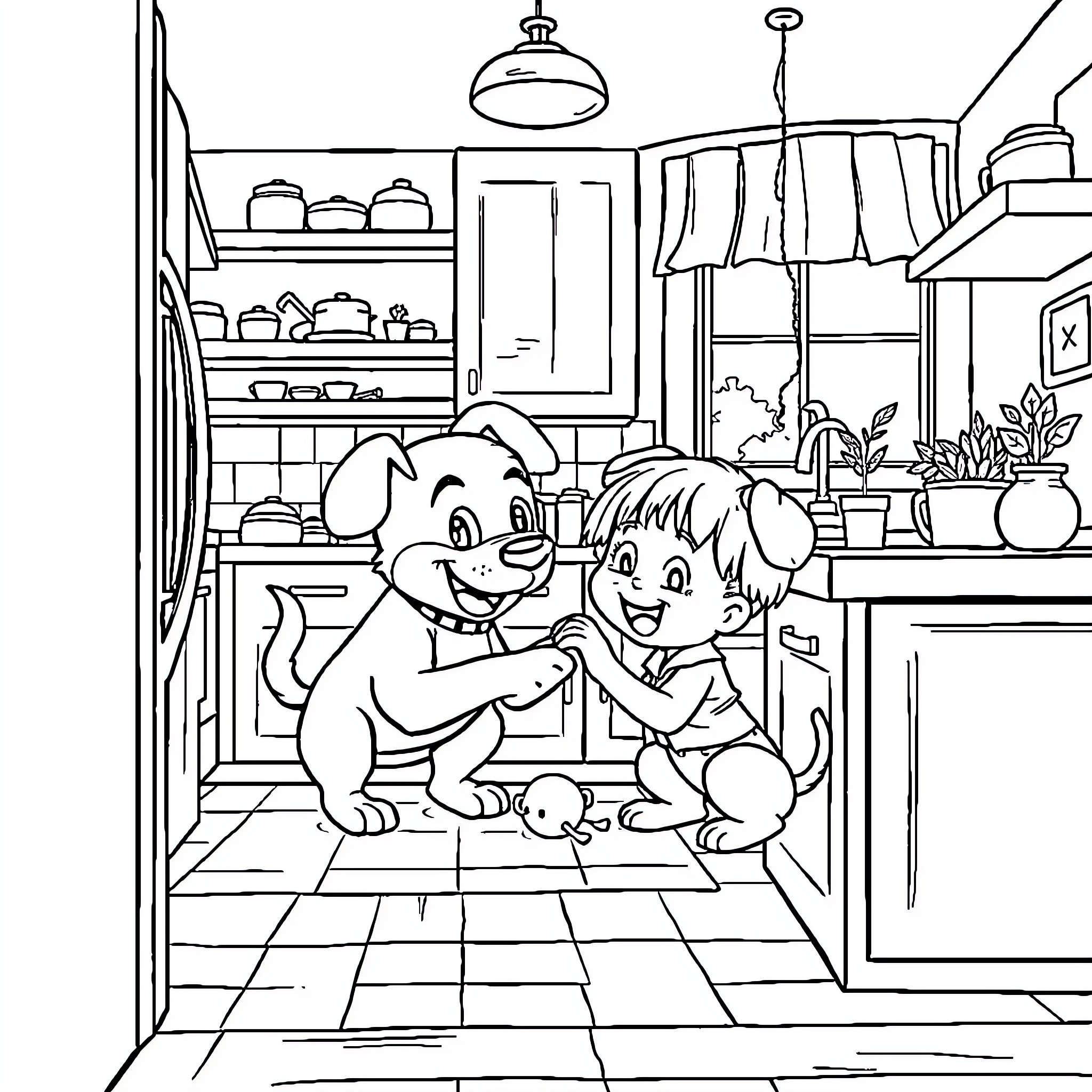 Bluey and Friend Exploring the Kitchen Coloring Page (free black-and-white line drawing printable PDF for all, from beginners to advanced learners, including children, teens, adults, and seniors)