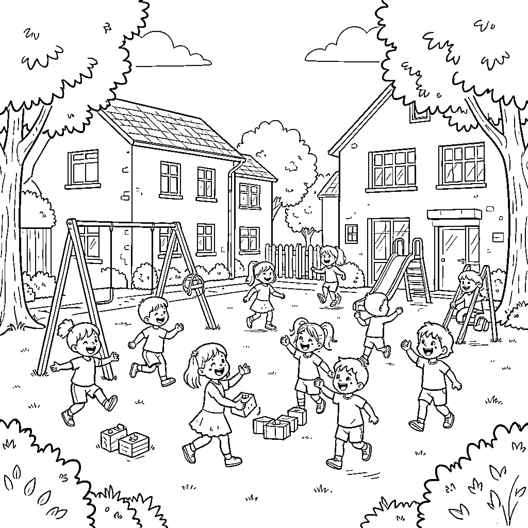 École children playing joyfully in the schoolyard Coloring Page (free black-and-white line drawing printable PDF for all, from beginners to advanced learners, including children, teens, adults, and seniors)