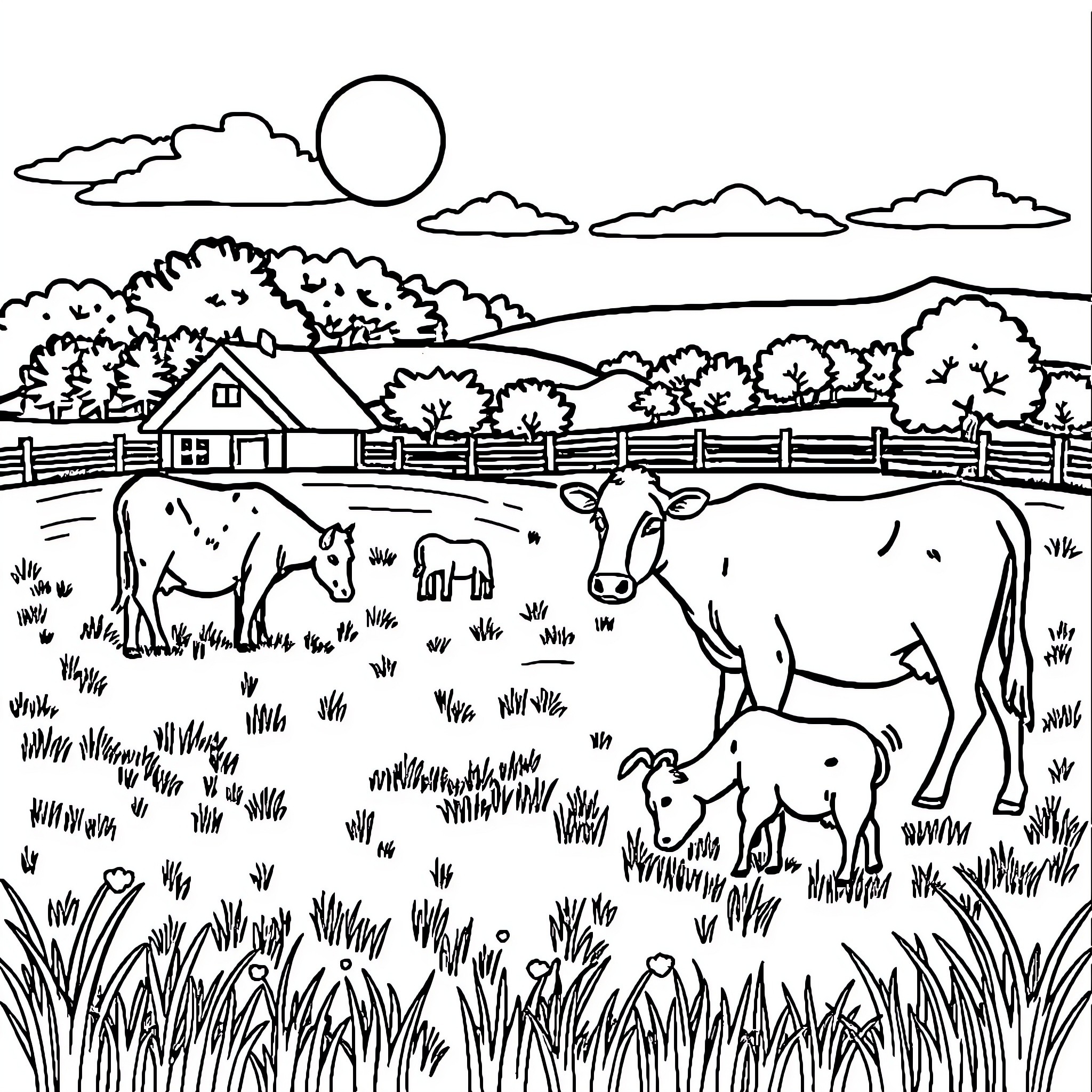 Farm Animal Relaxing in Countryside Landscape Coloring Page (free black-and-white line drawing printable PDF for all, from beginners to advanced learners, including children, teens, adults, and seniors)