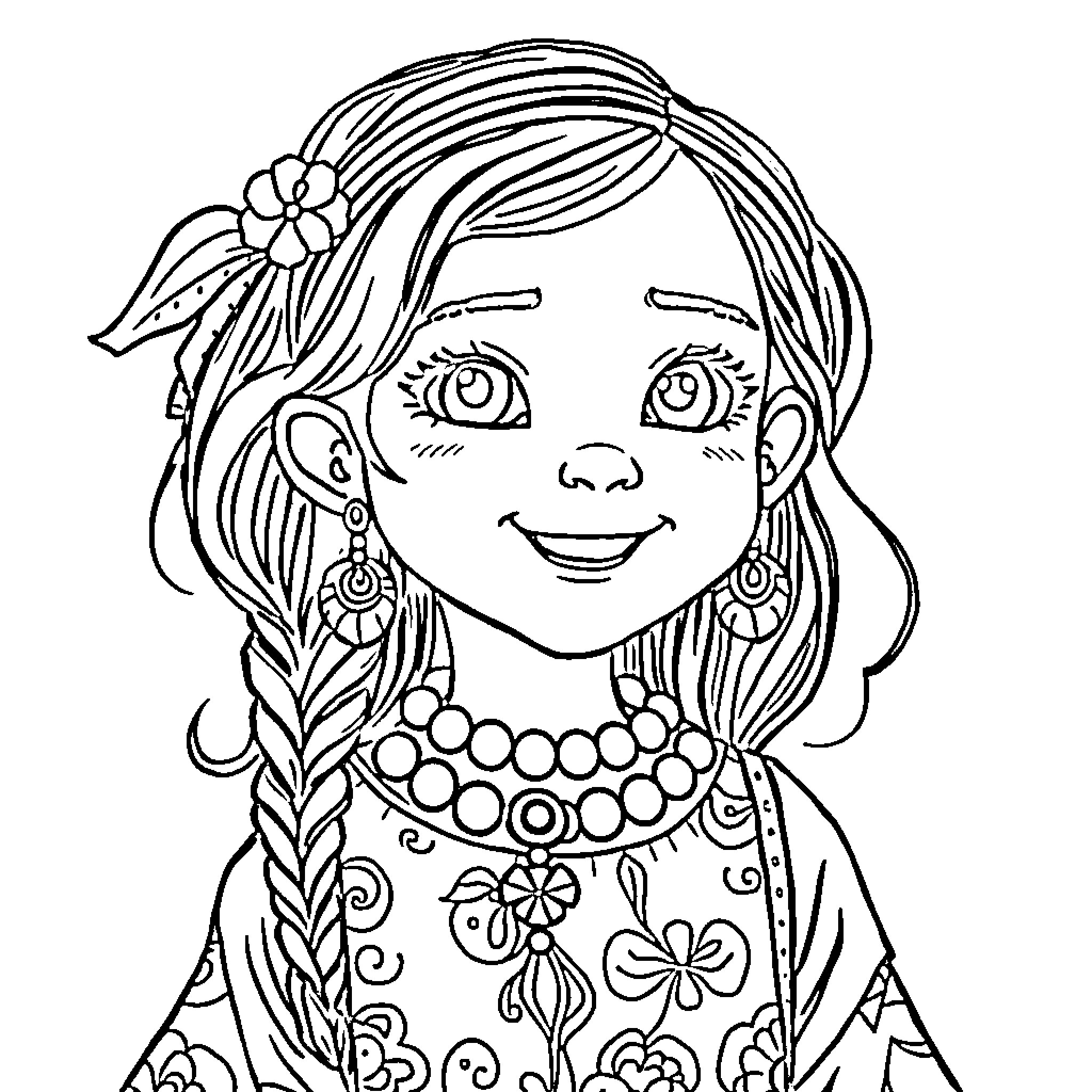 Gypsy Girl with Flower Headpiece and Beaded Jewelry Coloring Page (free black-and-white line drawing printable PDF for all, from beginners to advanced learners, including children, teens, adults, and seniors)