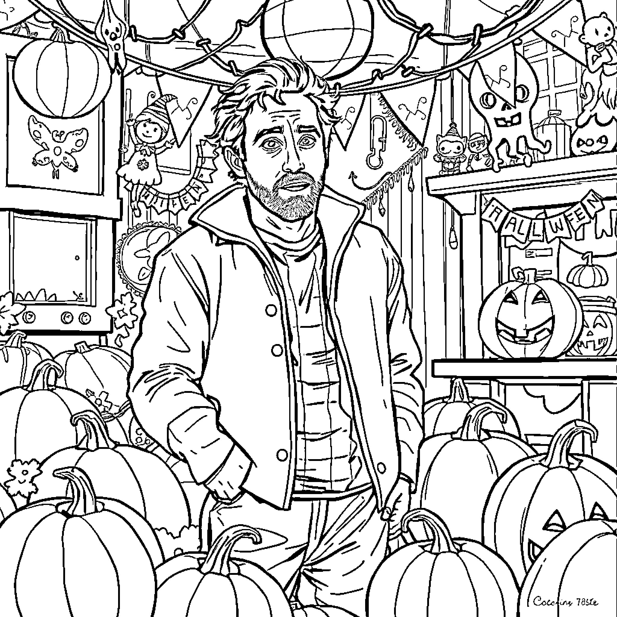 John Cusack exploring a whimsical Halloween scene Coloring Page (free black-and-white line drawing printable PDF for all, from beginners to advanced learners, including children, teens, adults, and seniors)