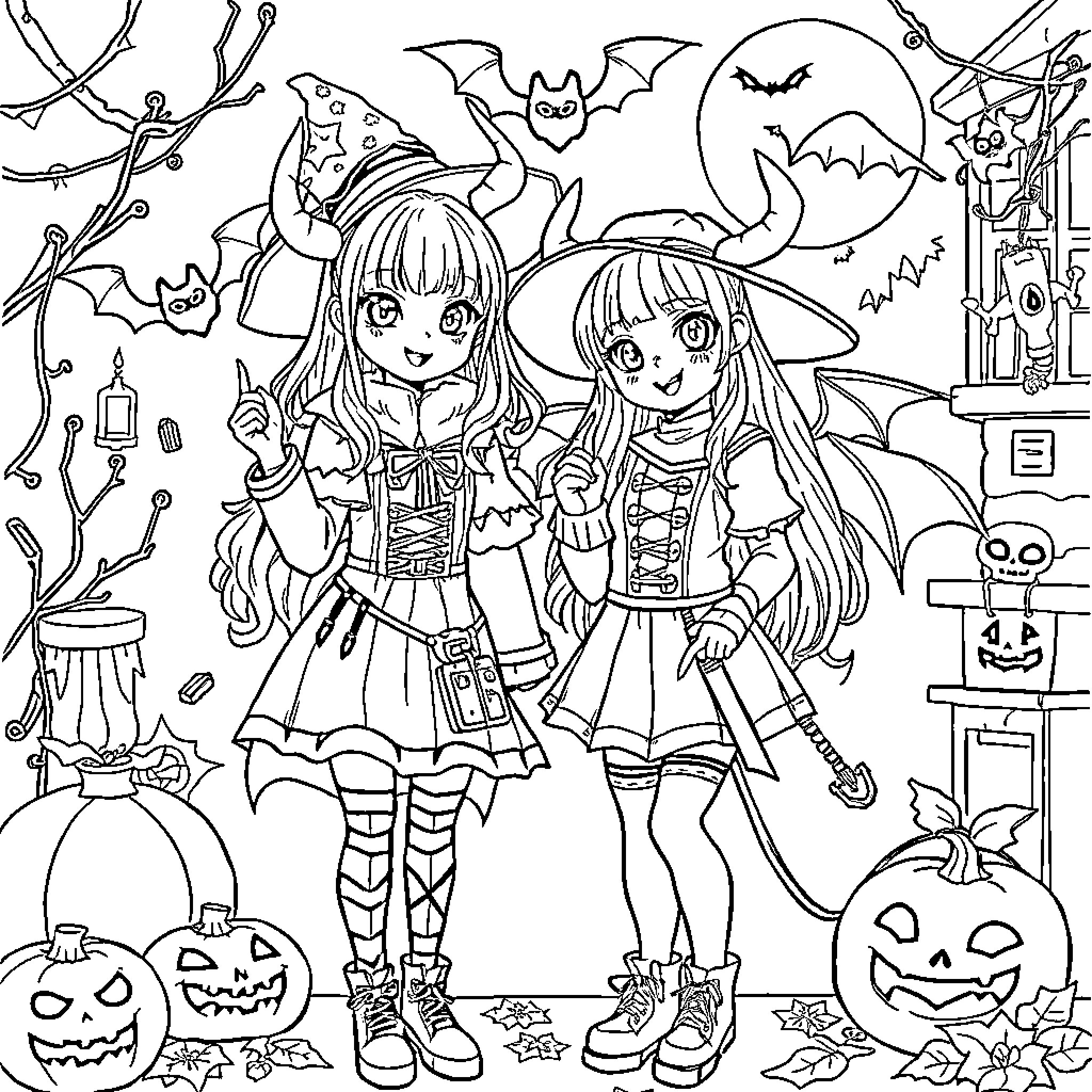 Rumi's Halloween Adventure with Friends Coloring Page (free black-and-white line drawing printable PDF for all, from beginners to advanced learners, including children, teens, adults, and seniors)