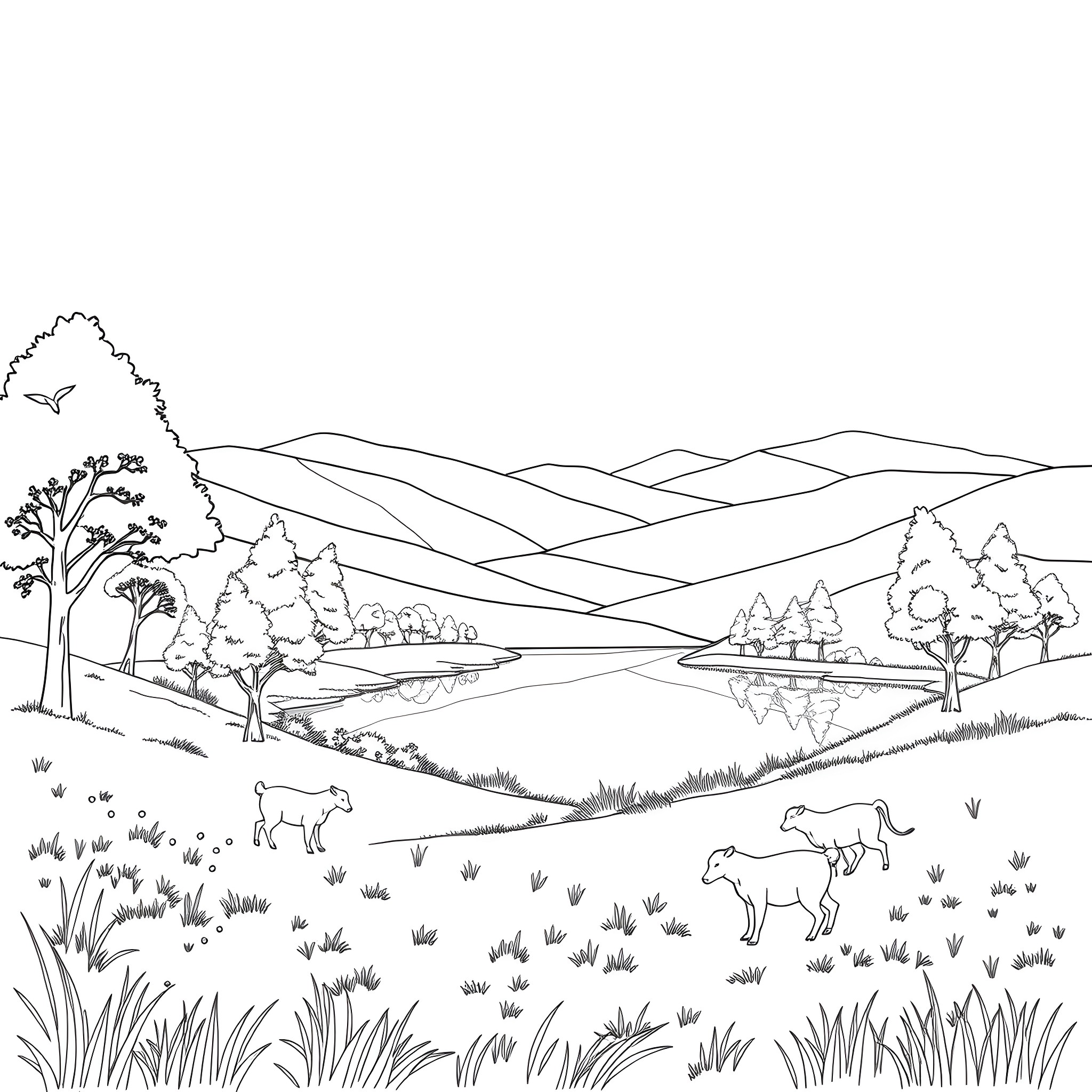 Outdoor Scenic Landscape with Animals Coloring Page (free black-and-white line drawing printable PDF for all, from beginners to advanced learners, including children, teens, adults, and seniors)