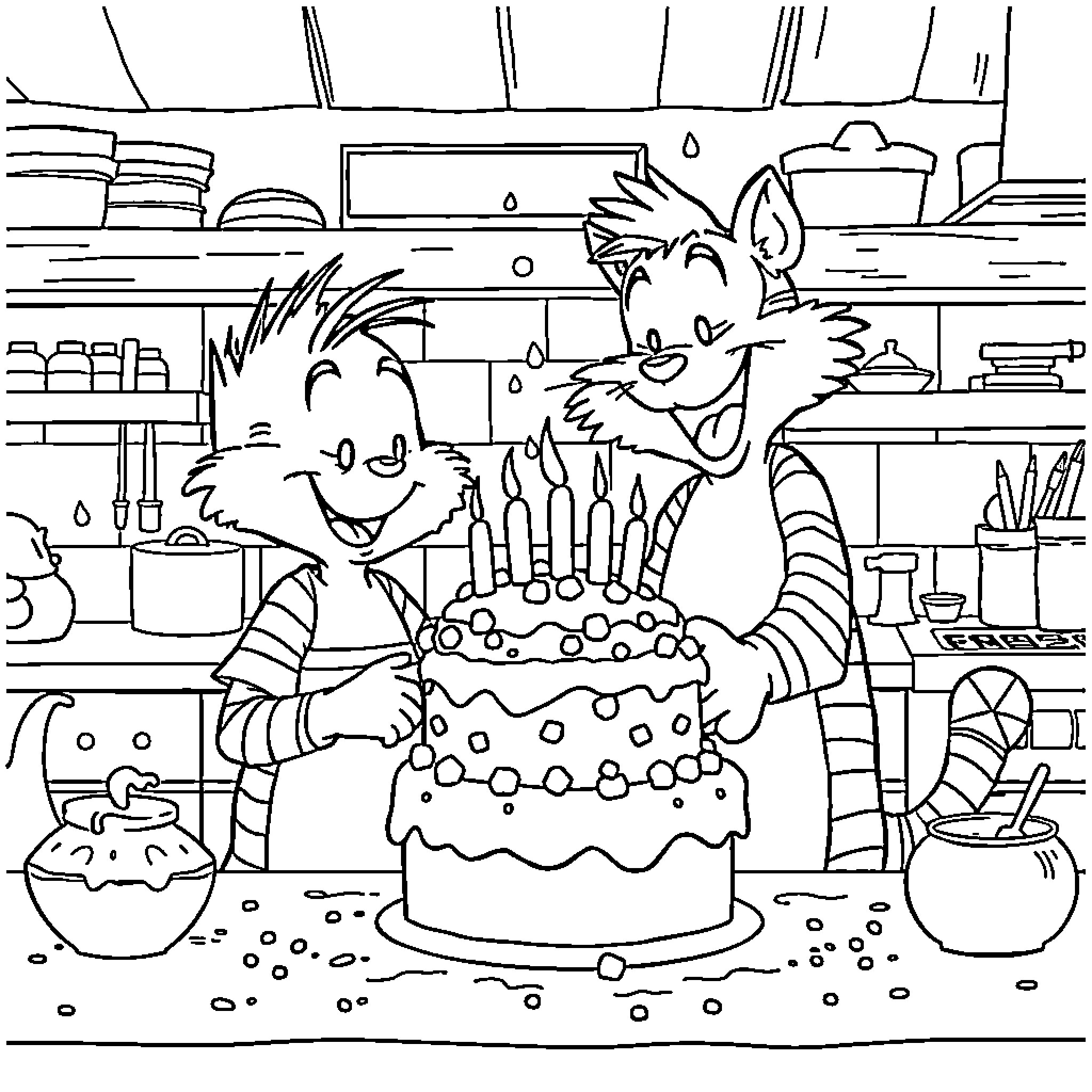 Calvin's Birthday Celebration with Friends Coloring Page (free black-and-white line drawing printable PDF for all, from beginners to advanced learners, including children, teens, adults, and seniors)