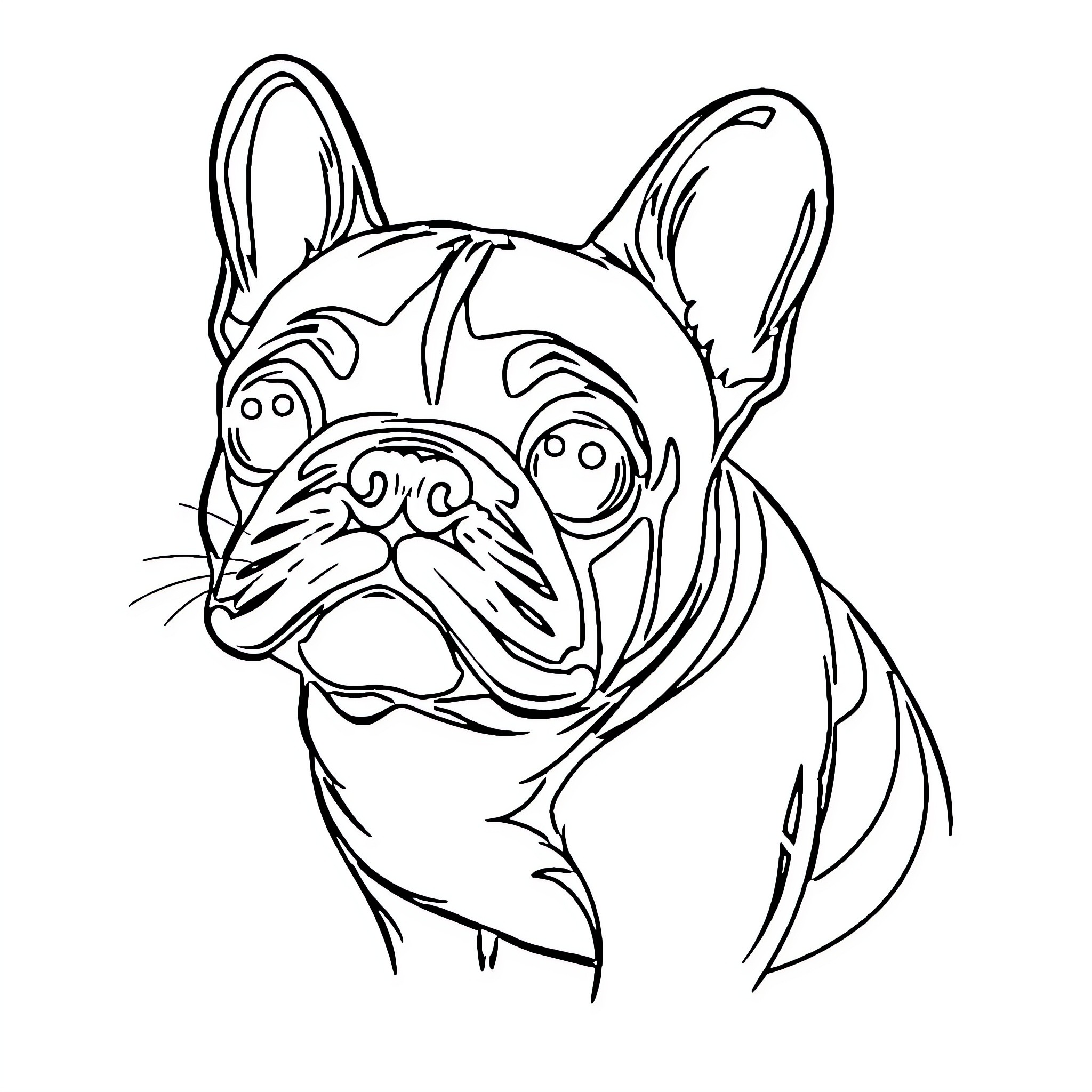 French Bulldog with Silly Facial Expression Coloring Page (free black-and-white line drawing printable PDF for all, from beginners to advanced learners, including children, teens, adults, and seniors)