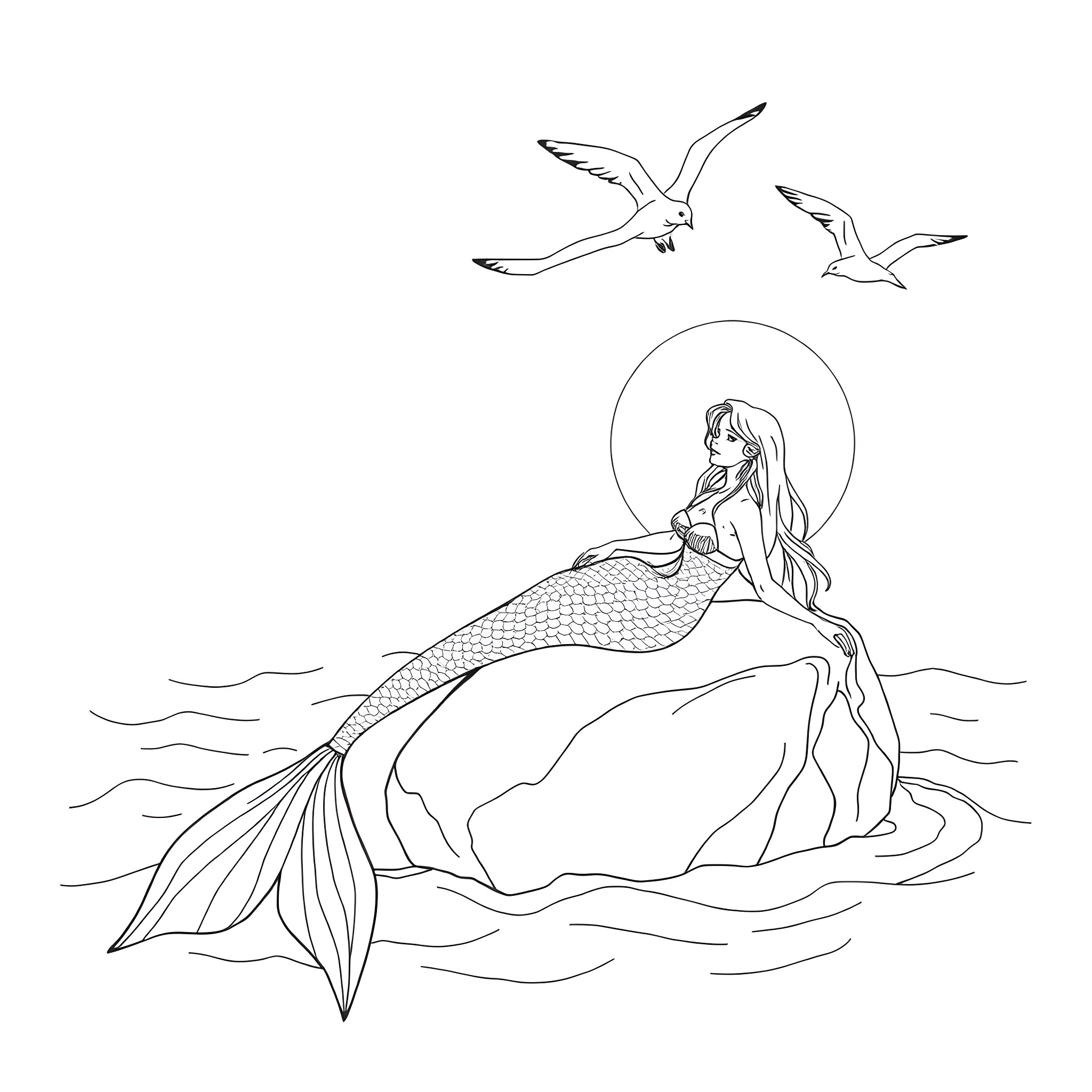 Mermaid Lounging Peacefully on a Rock with Seagulls Coloring Page (free black-and-white line drawing printable PDF for all, from beginners to advanced learners, including children, teens, adults, and seniors)