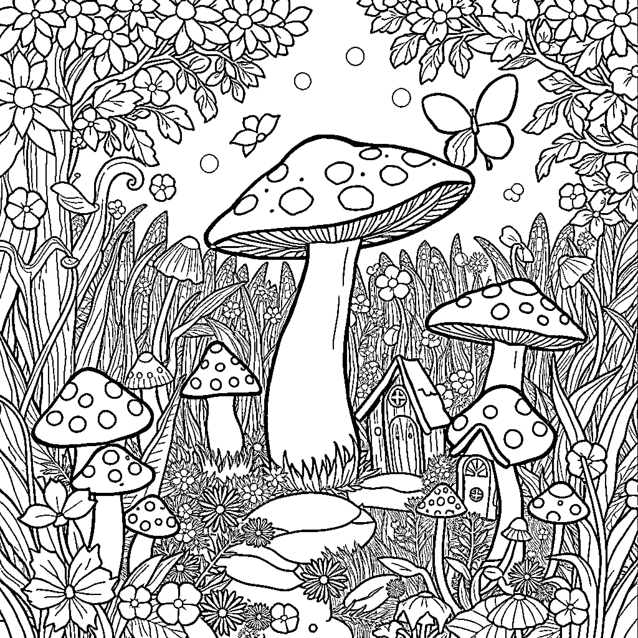 Mushroom Forest Fantasy Scene Coloring Page (free black-and-white line drawing printable PDF for all, from beginners to advanced learners, including children, teens, adults, and seniors)
