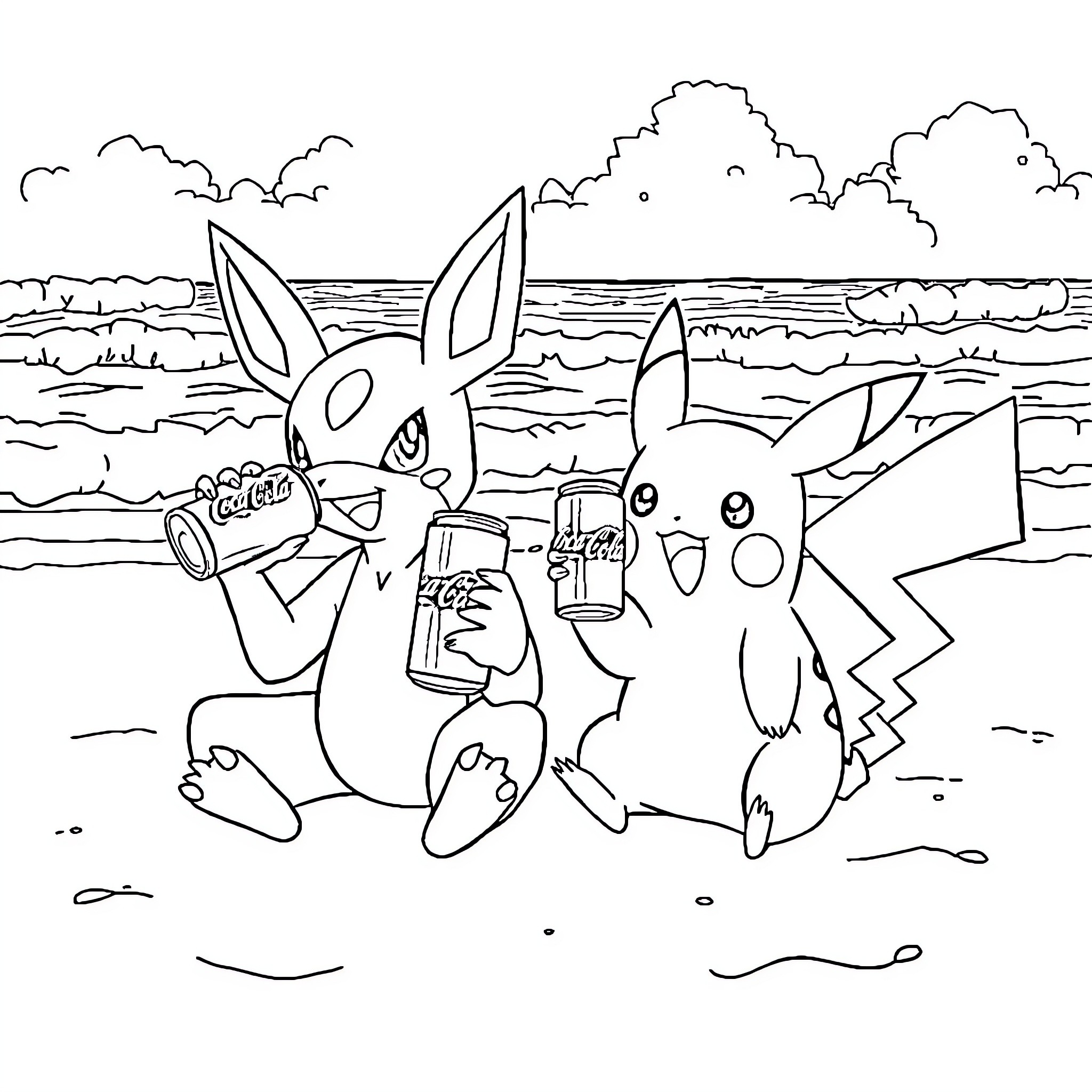 Lucario and Pikachu enjoying the beach Coloring Page (free black-and-white line drawing printable PDF for all, from beginners to advanced learners, including children, teens, adults, and seniors)