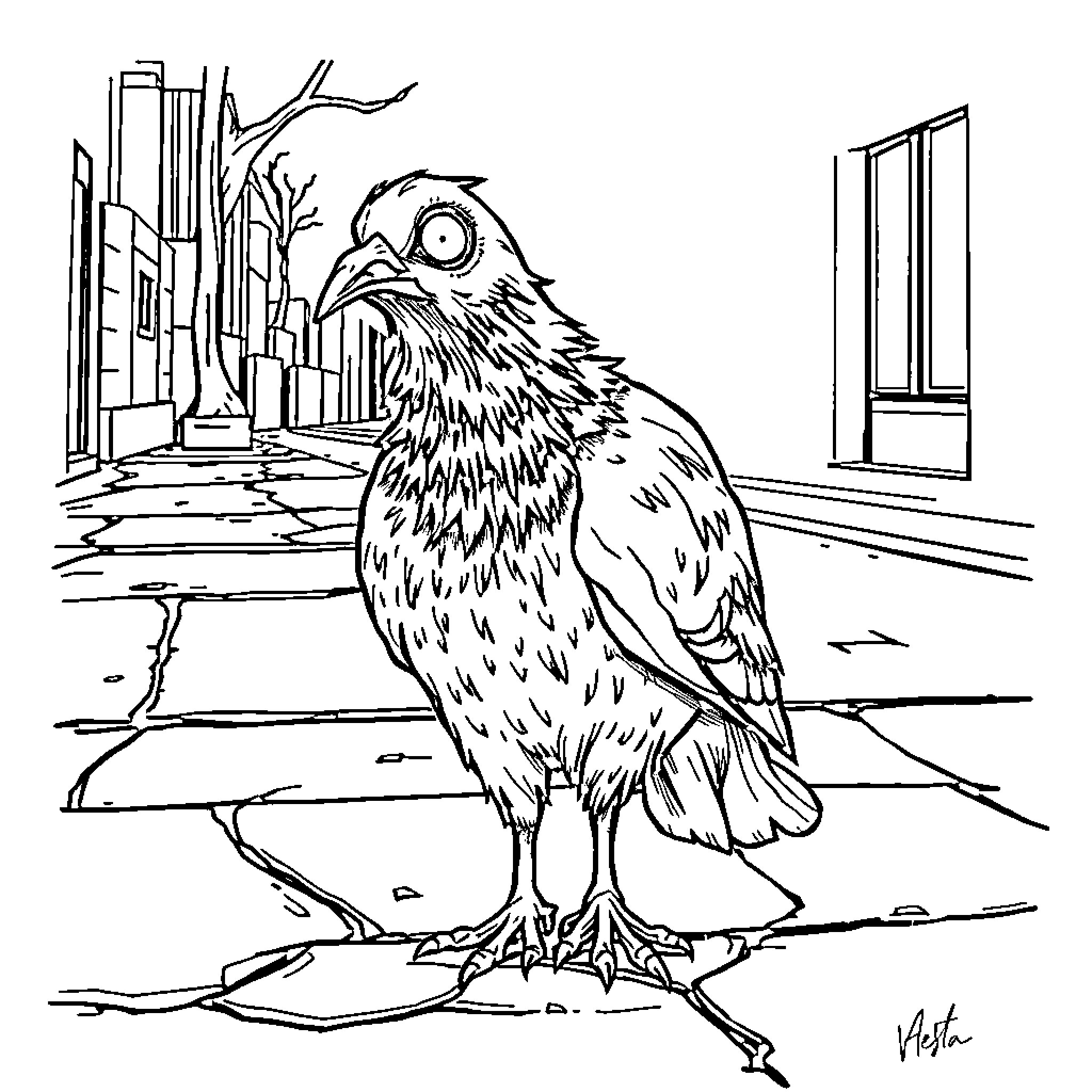 Zombie Pigeon in the Urban Cityscape Coloring Page (free black-and-white line drawing printable PDF for all, from beginners to advanced learners, including children, teens, adults, and seniors)