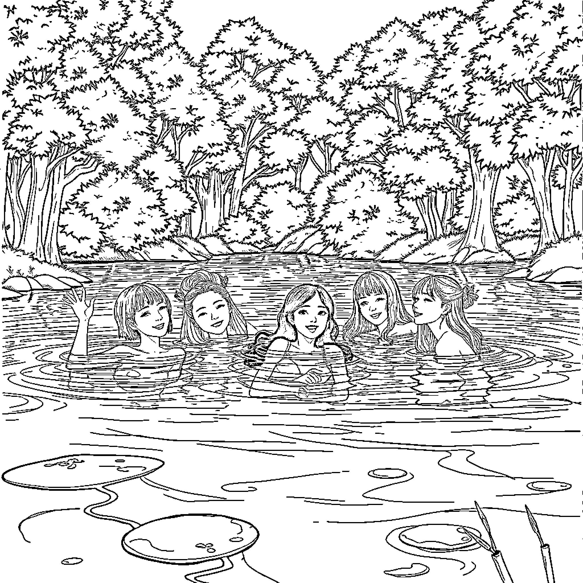 K-pop Girls Swimming in Forest Lake Coloring Page (free black-and-white line drawing printable PDF for all, from beginners to advanced learners, including children, teens, adults, and seniors)